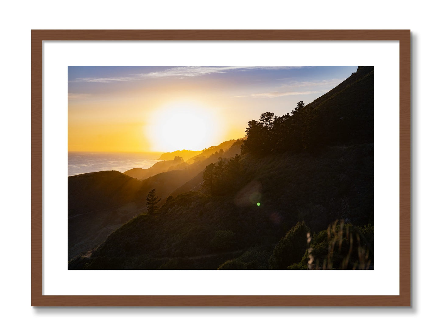 Framed photograph of California Coastline by Dylan Ozanich, Walnut frame, Borders
