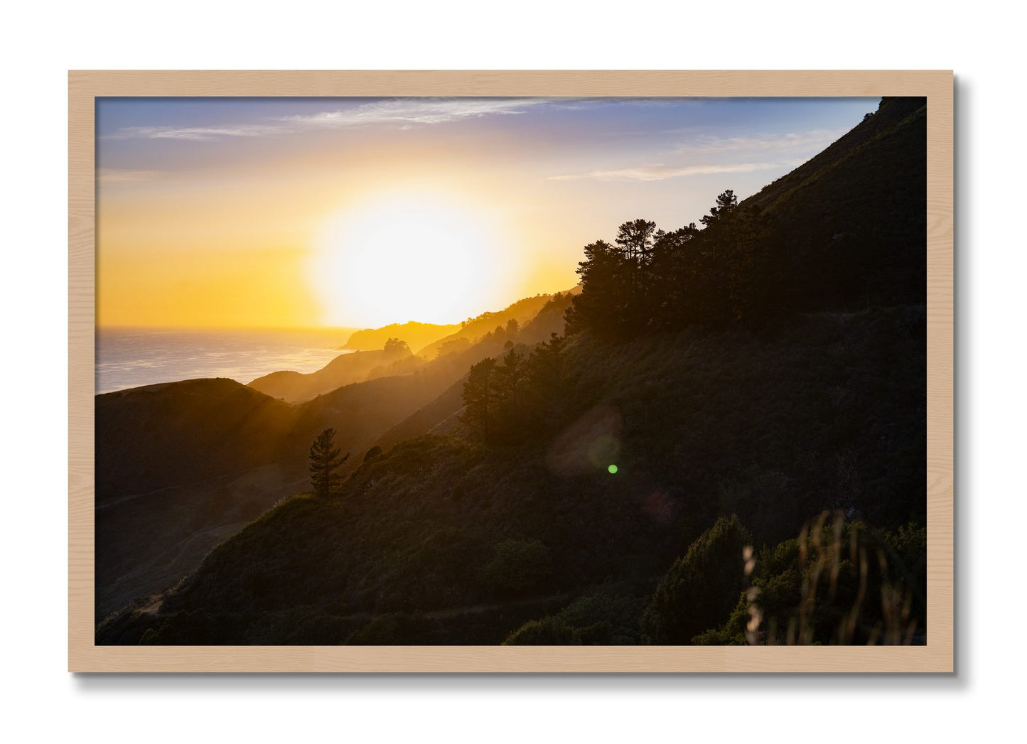 Framed photograph of California Coastline by Dylan Ozanich, Oak frame, Full Bleed