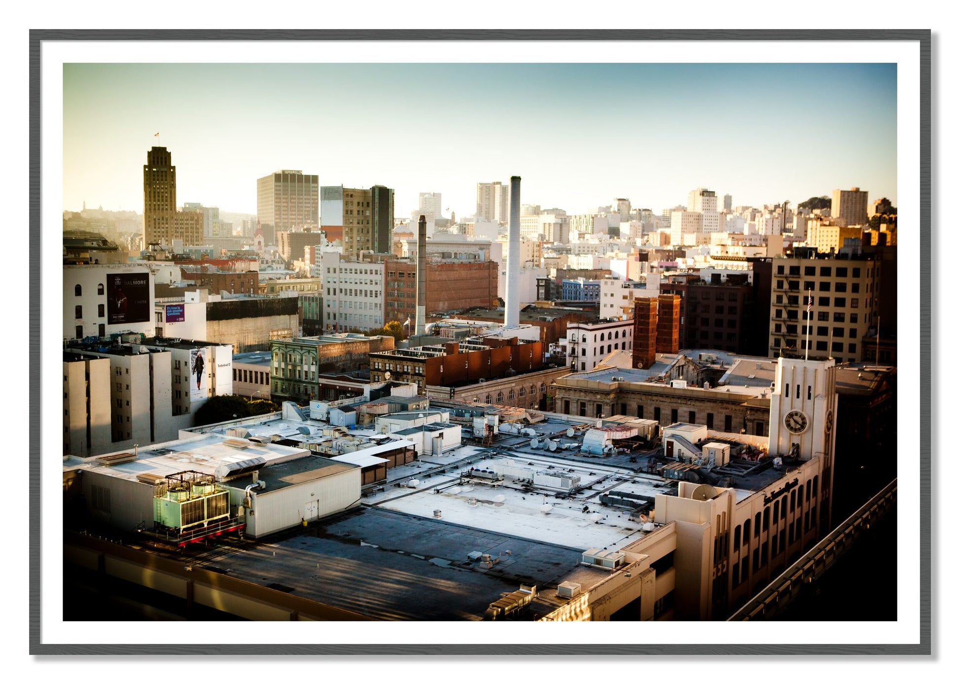 Chronical San Francisco by Dylan Ozanich, 48×72 print with a White Border in a Grey frame