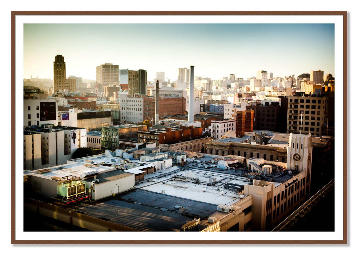 Chronical San Francisco by Dylan Ozanich, 48×72 print with a White Border in a Walnut frame