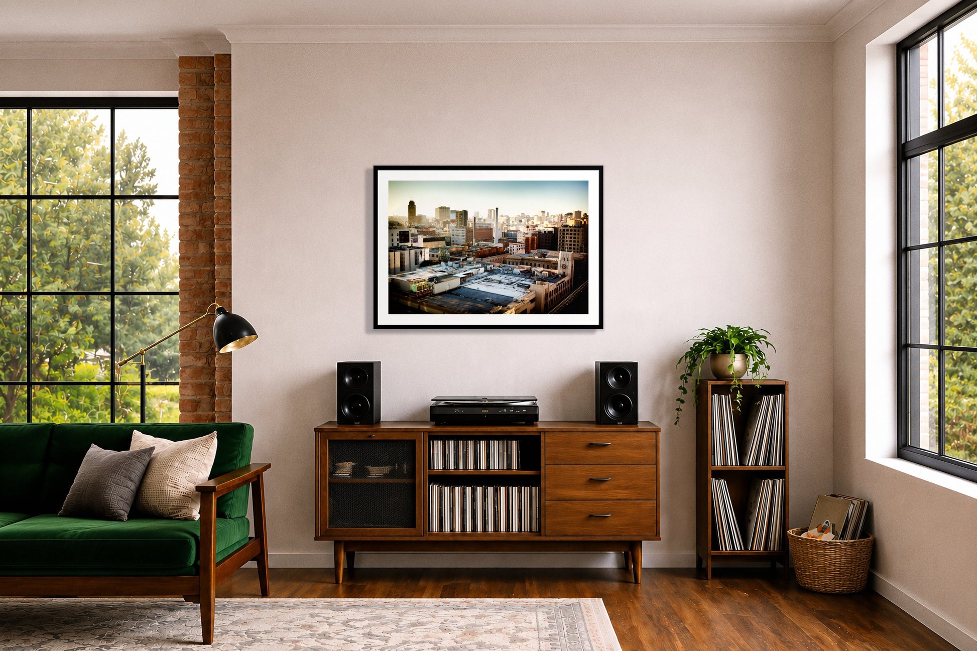 Chronical San Francisco by Dylan Ozanich in an Oak frame, above a record credenza in a listening room with a green velvet sofa