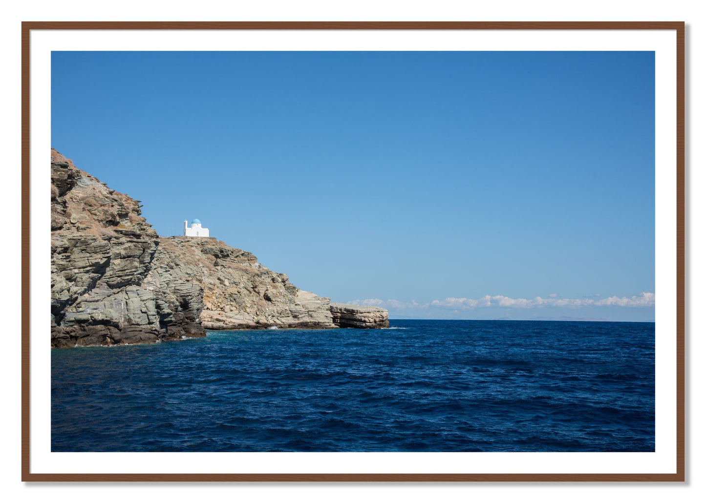 Framed photograph of Church On The Edge by Dylan Ozanich, Walnut frame, Borders