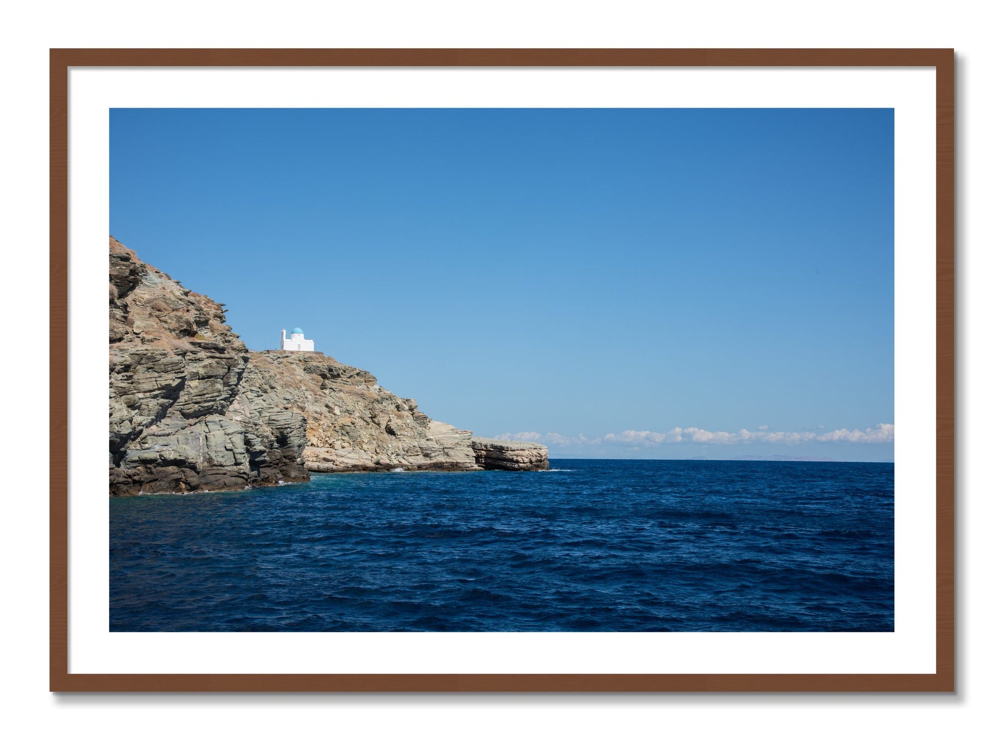 Framed photograph of Church On The Edge by Dylan Ozanich, Walnut frame, Borders