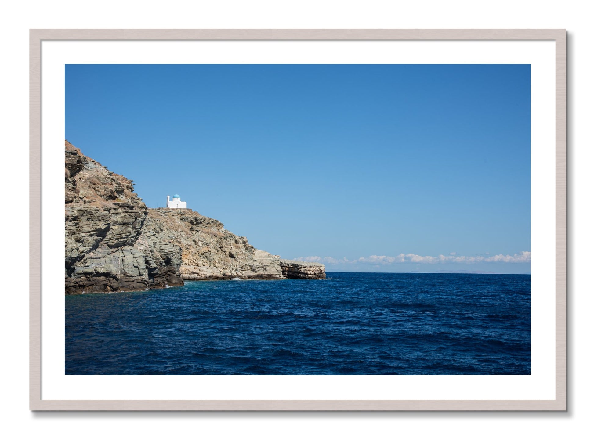 Framed photograph of Church On The Edge by Dylan Ozanich, White Maple frame, Borders