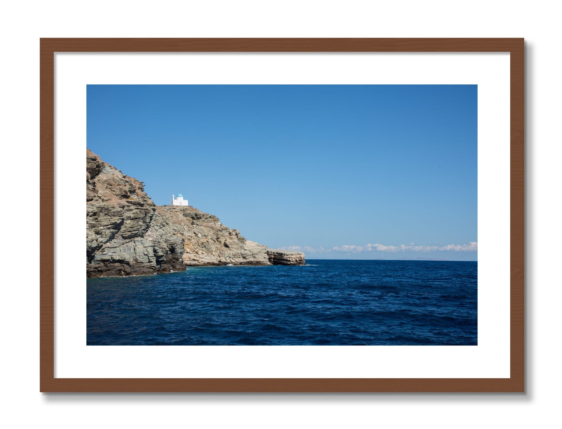 Framed photograph of Church On The Edge by Dylan Ozanich, Walnut frame, Borders