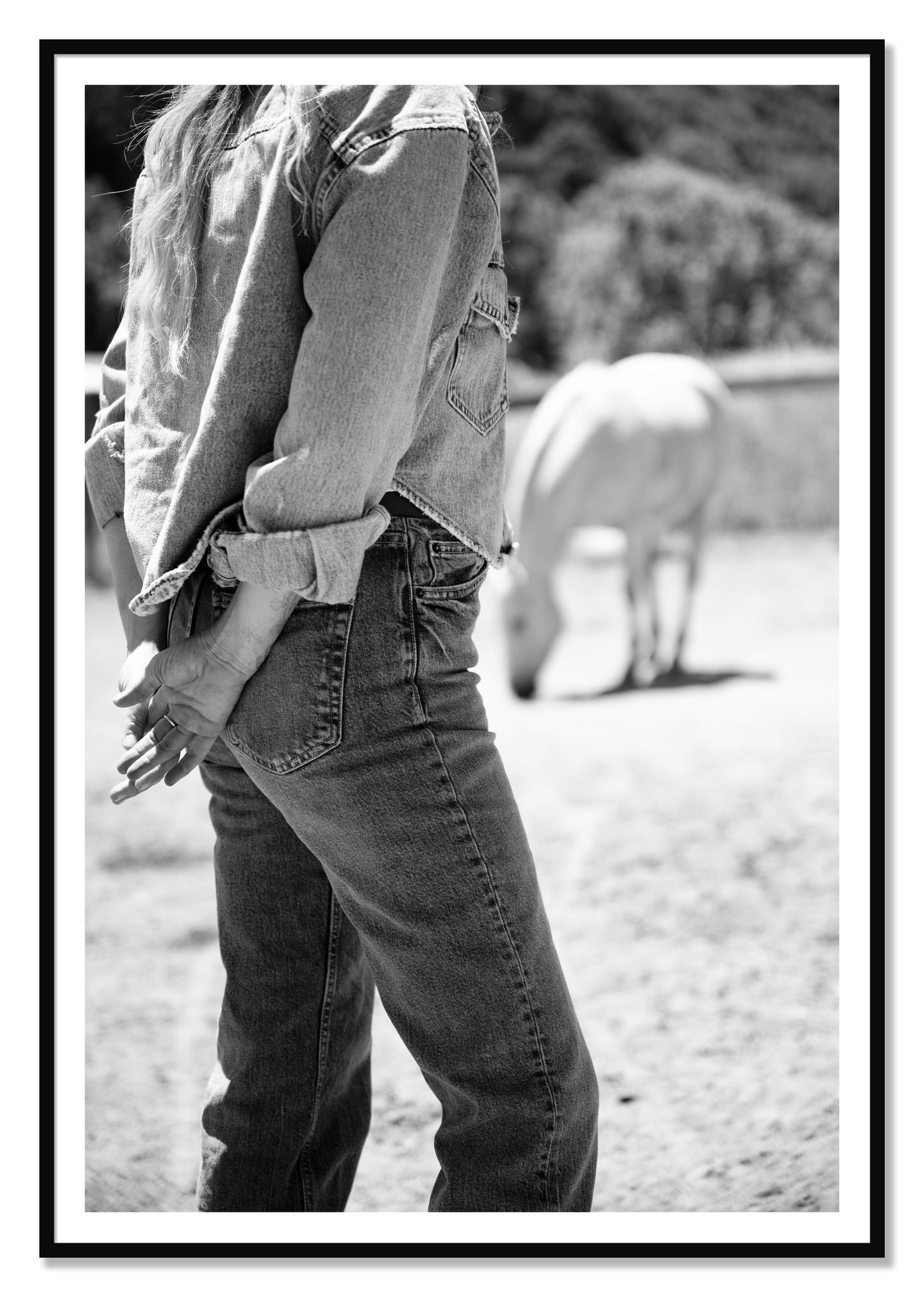 Cowgirl by Dylan Ozanich, 48×72 print with a White Border in a Black frame