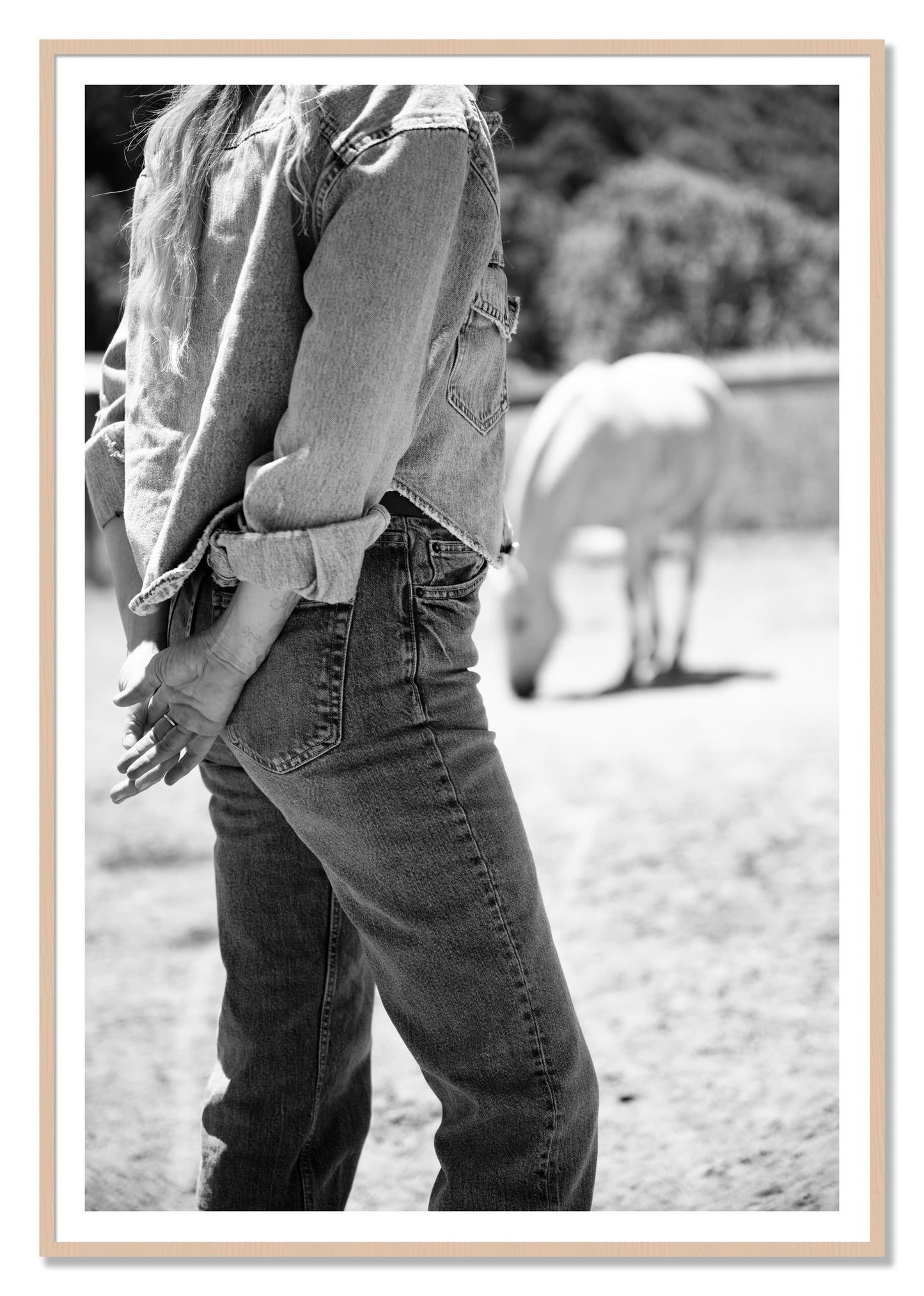 Cowgirl by Dylan Ozanich, 48×72 print with a White Border in a Maple frame