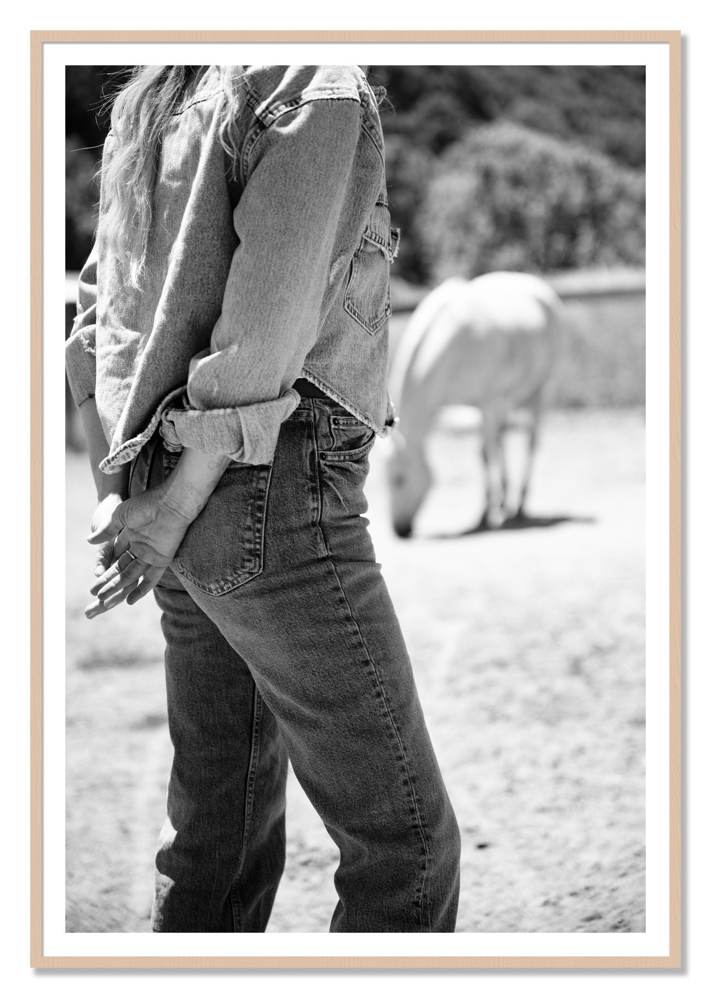Cowgirl by Dylan Ozanich, 48×72 print with a White Border in a Maple frame