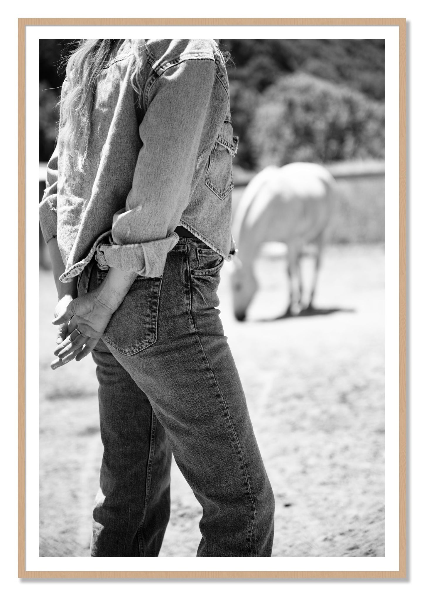 Cowgirl by Dylan Ozanich, 48×72 print with a White Border in an Oak frame