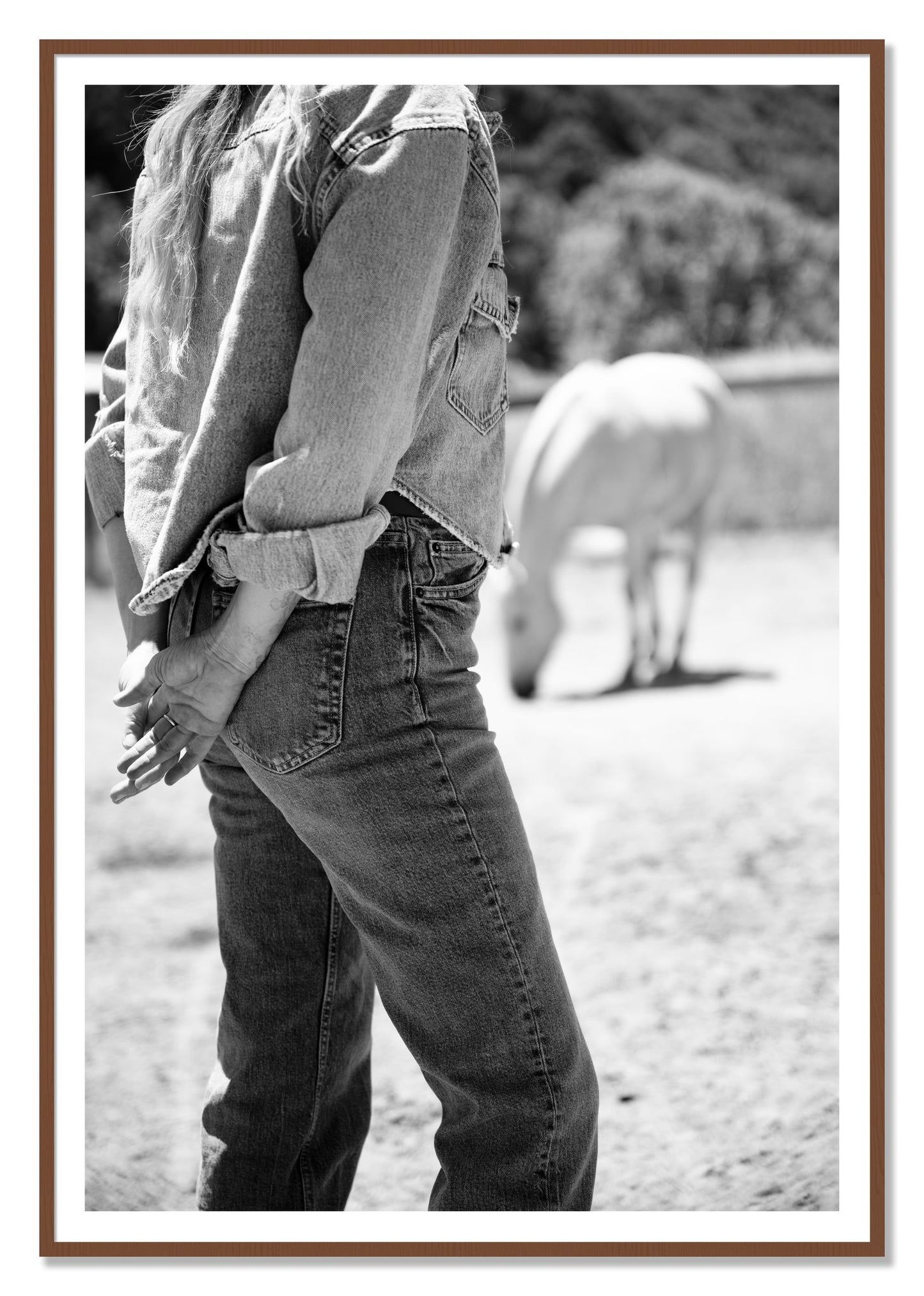 Cowgirl by Dylan Ozanich, 48×72 print with a White Border in a Walnut frame