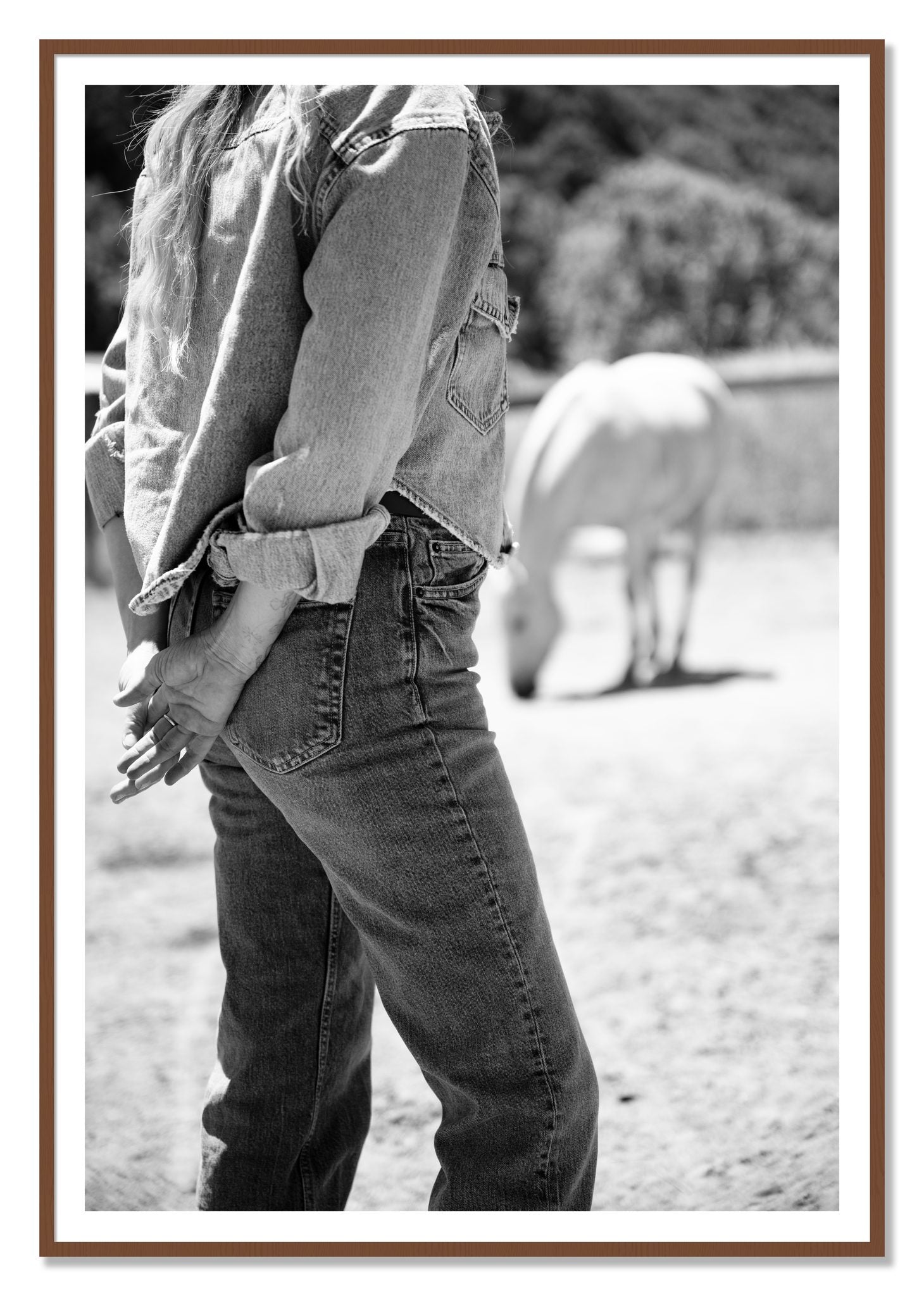 Cowgirl by Dylan Ozanich, 48×72 print with a White Border in a Walnut frame