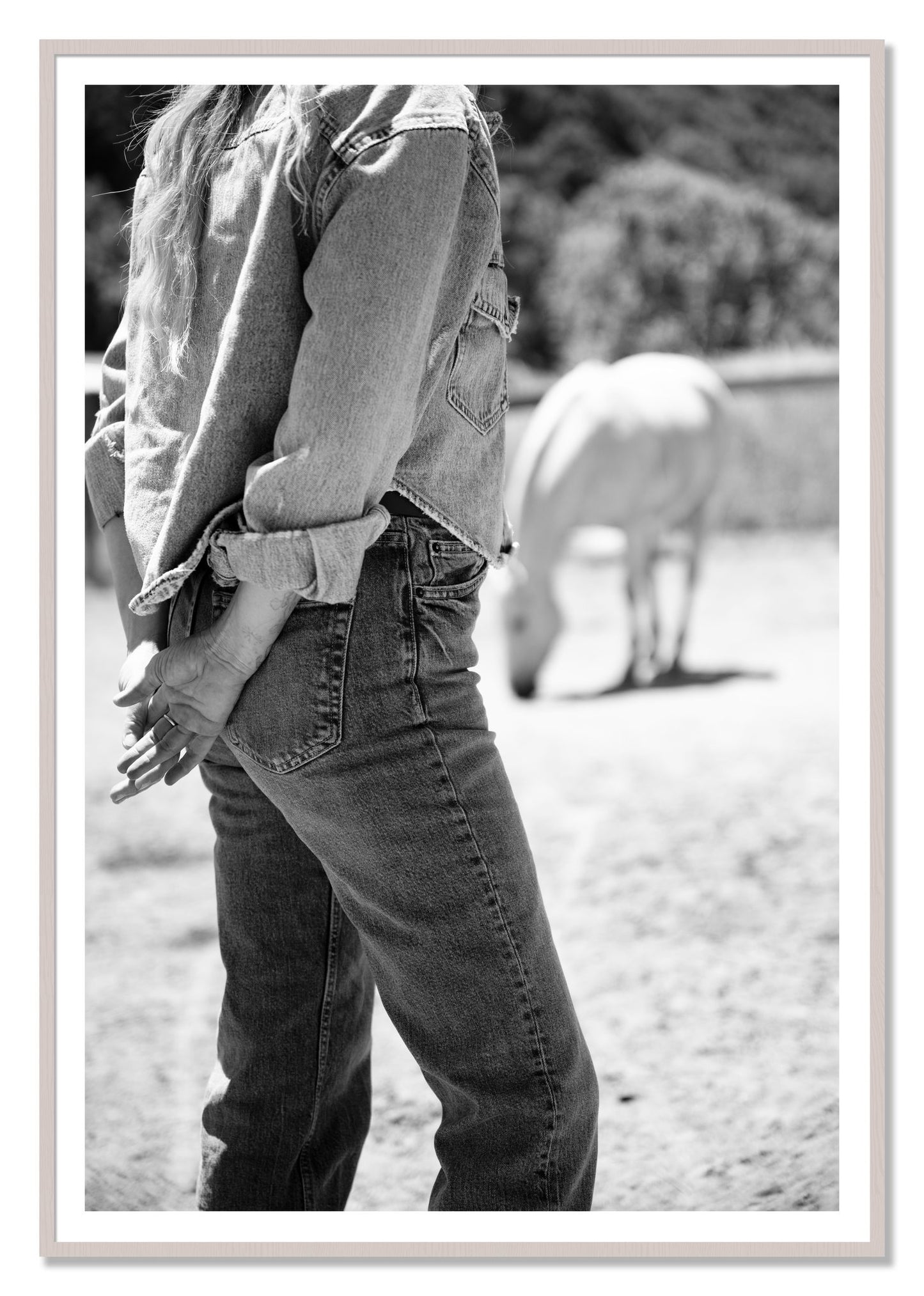 Cowgirl by Dylan Ozanich, 48×72 print with a White Border in a White Maple frame