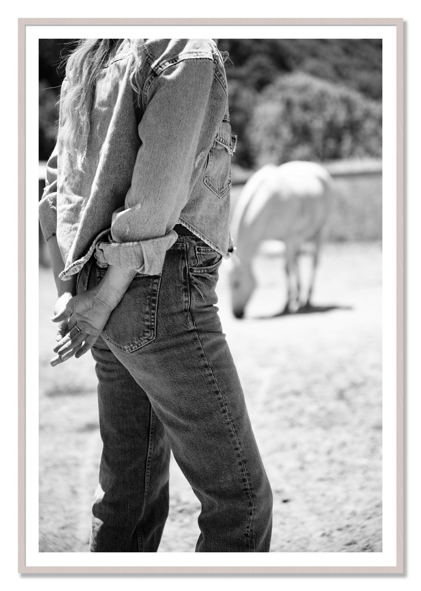 Cowgirl by Dylan Ozanich, 48×72 print with a White Border in a White Maple frame