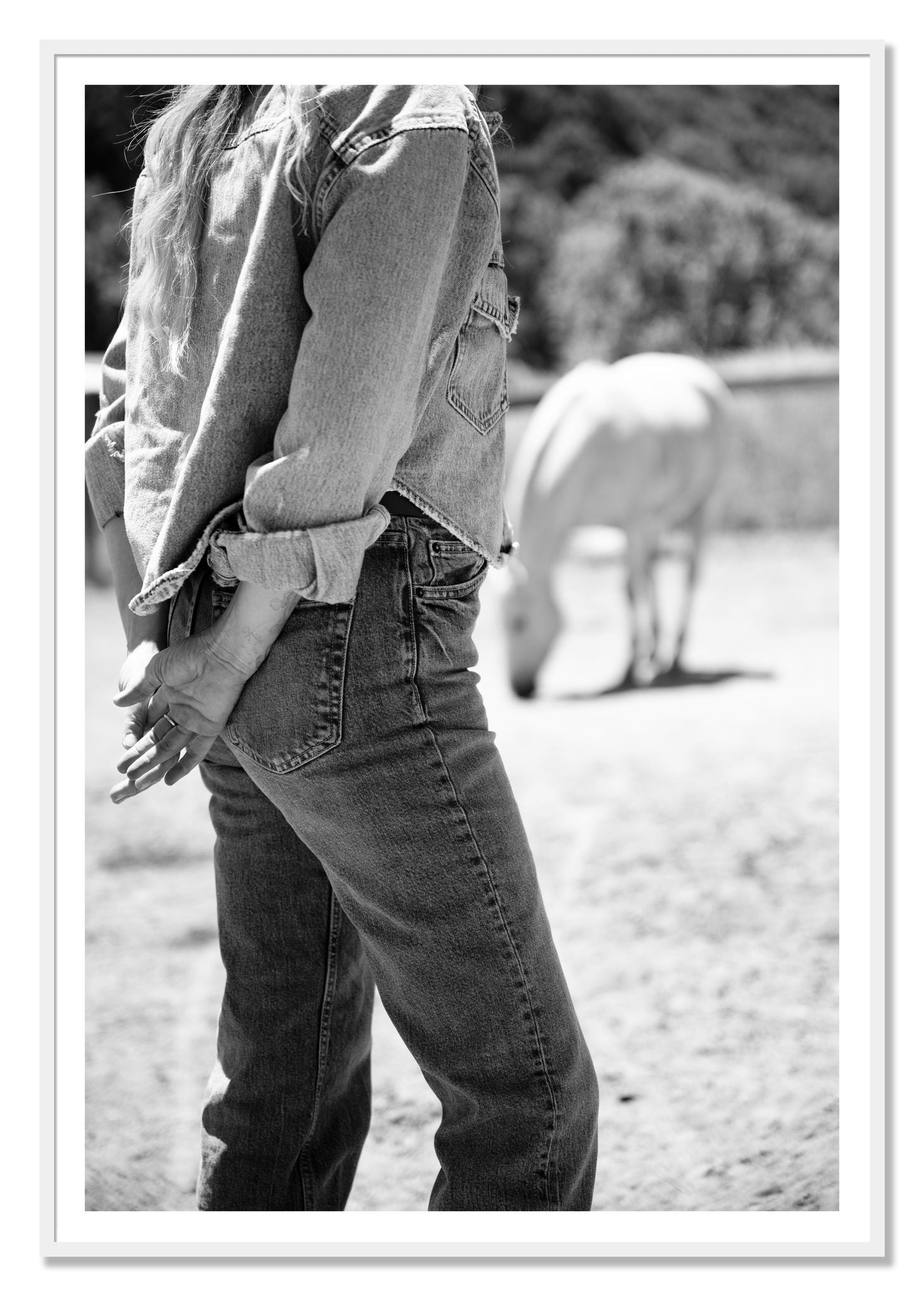 Cowgirl by Dylan Ozanich, 48×72 print with a White Border in a White frame
