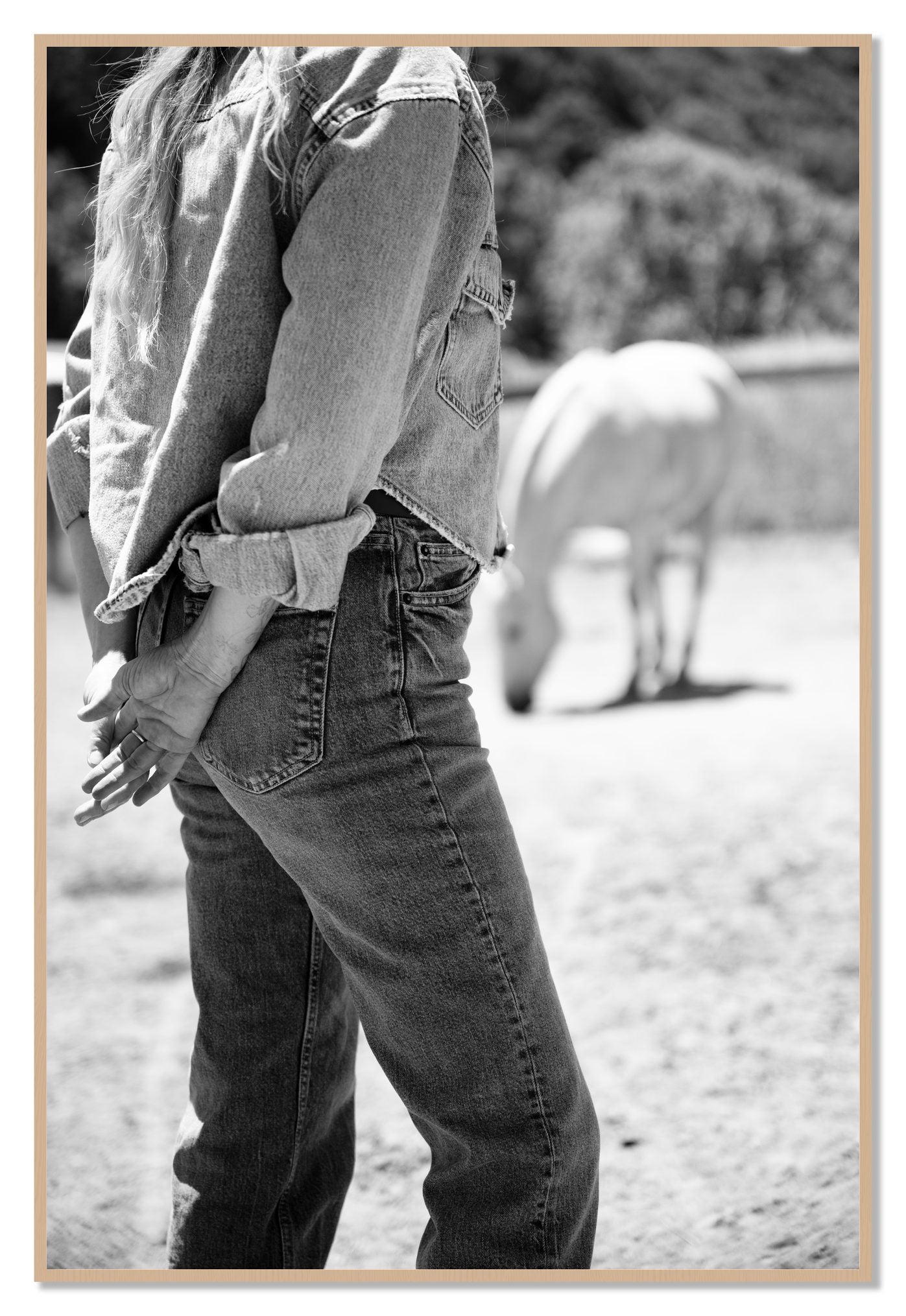 Cowgirl by Dylan Ozanich, 48×72 Full Bleed Print in an Oak frame