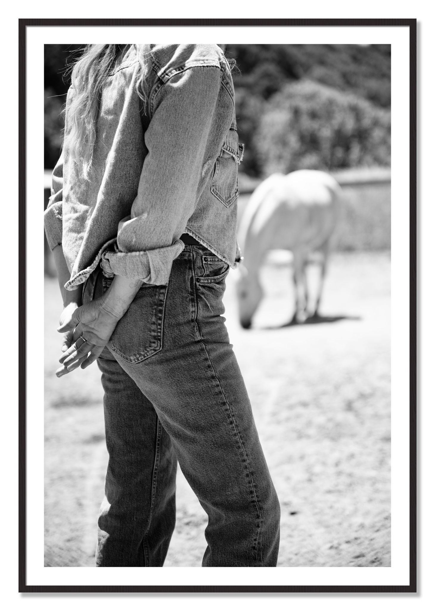Framed photograph of Cowgirl by Dylan Ozanich, Black Walnut frame, Borders
