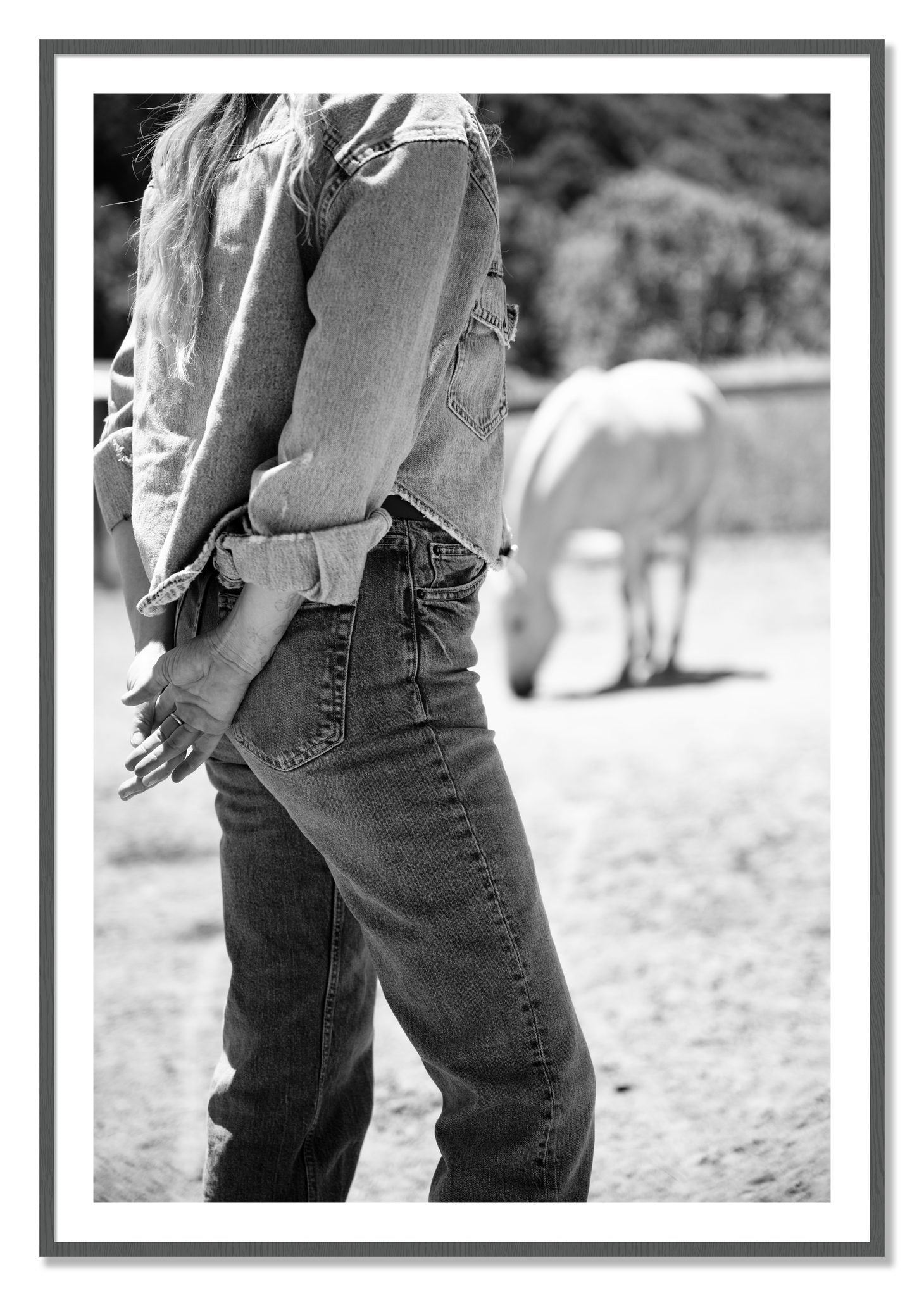 Framed photograph of Cowgirl by Dylan Ozanich, Grey frame, Borders