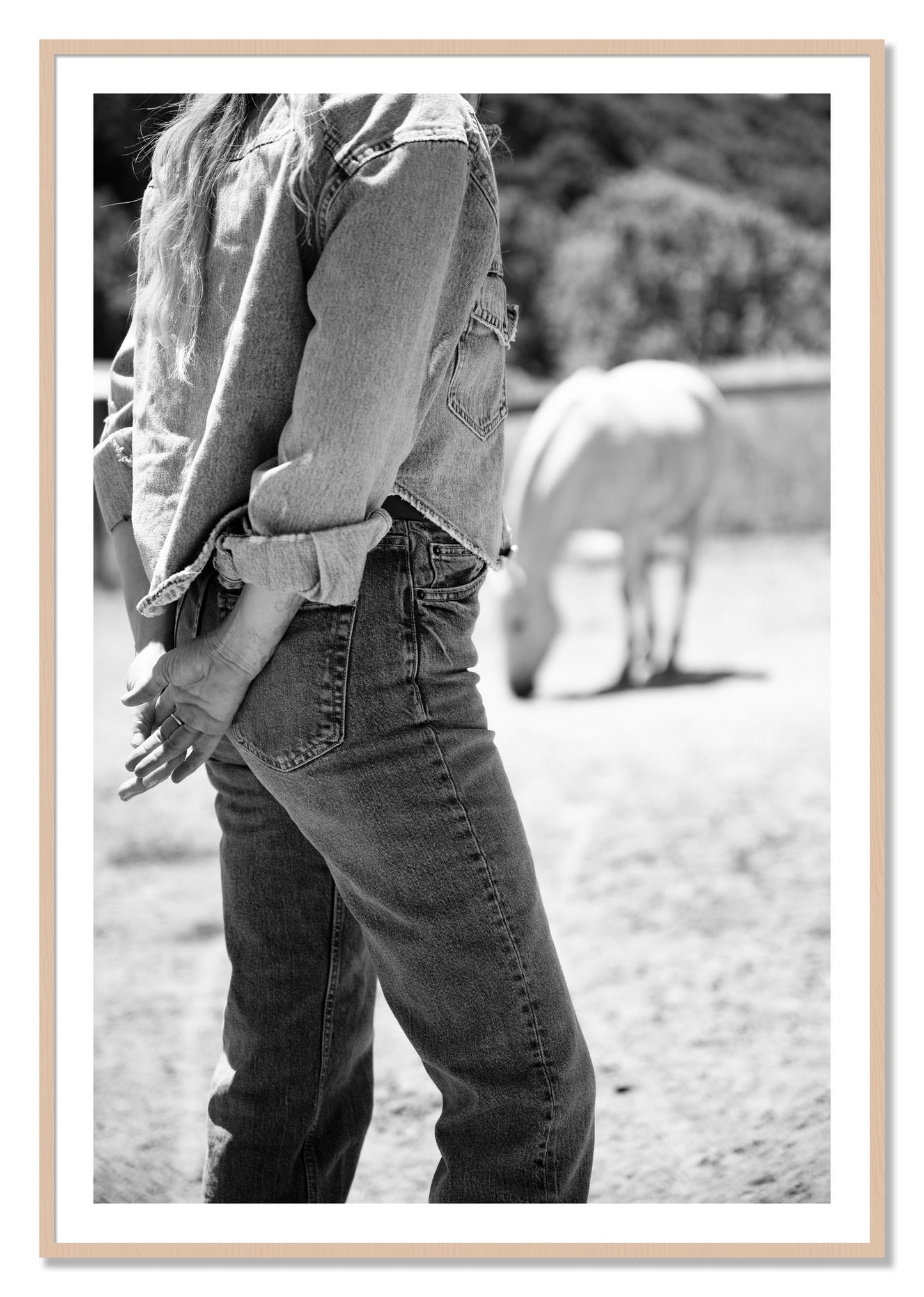 Framed photograph of Cowgirl by Dylan Ozanich, Maple frame, Borders