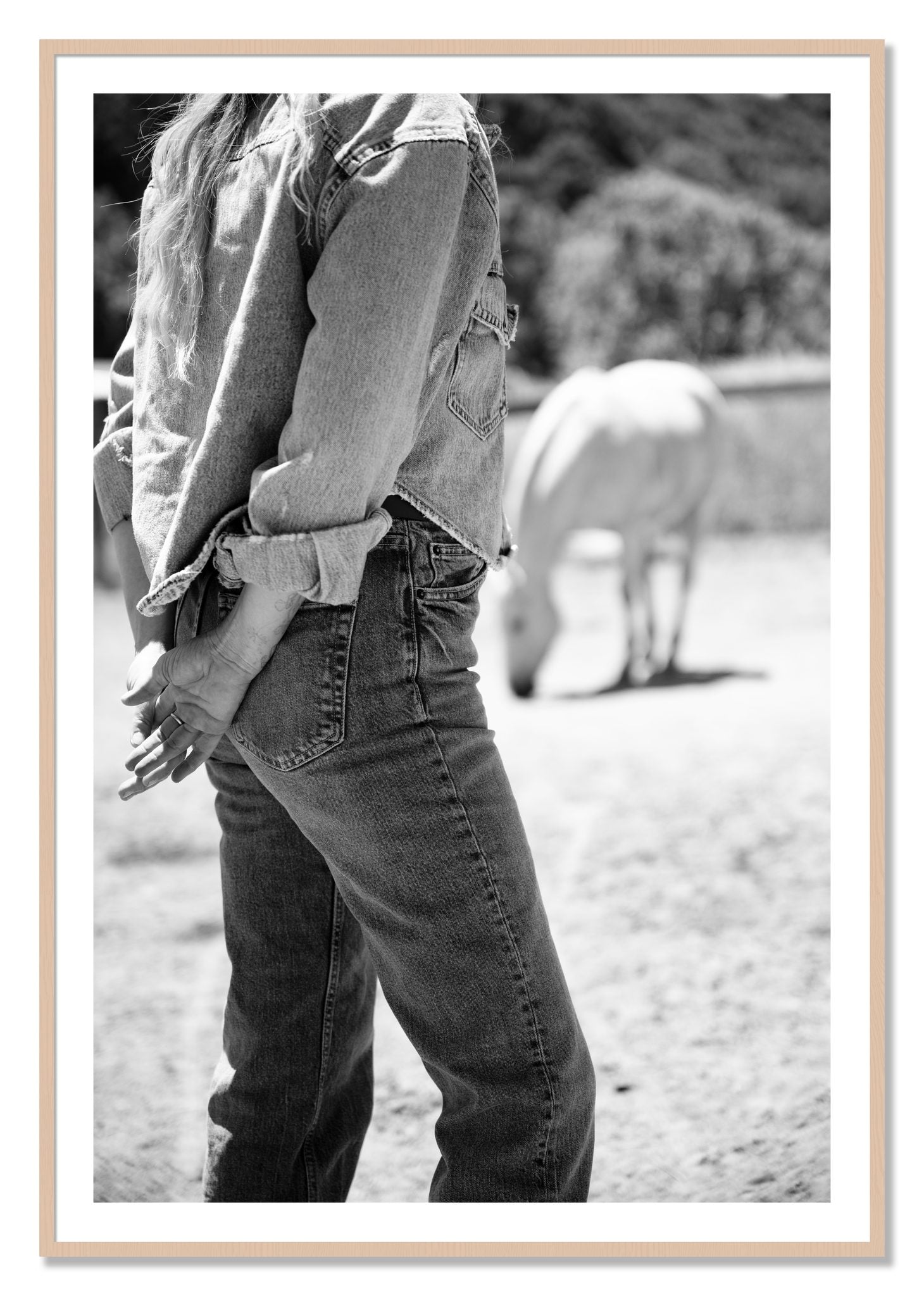 Framed photograph of Cowgirl by Dylan Ozanich, Maple frame, Borders