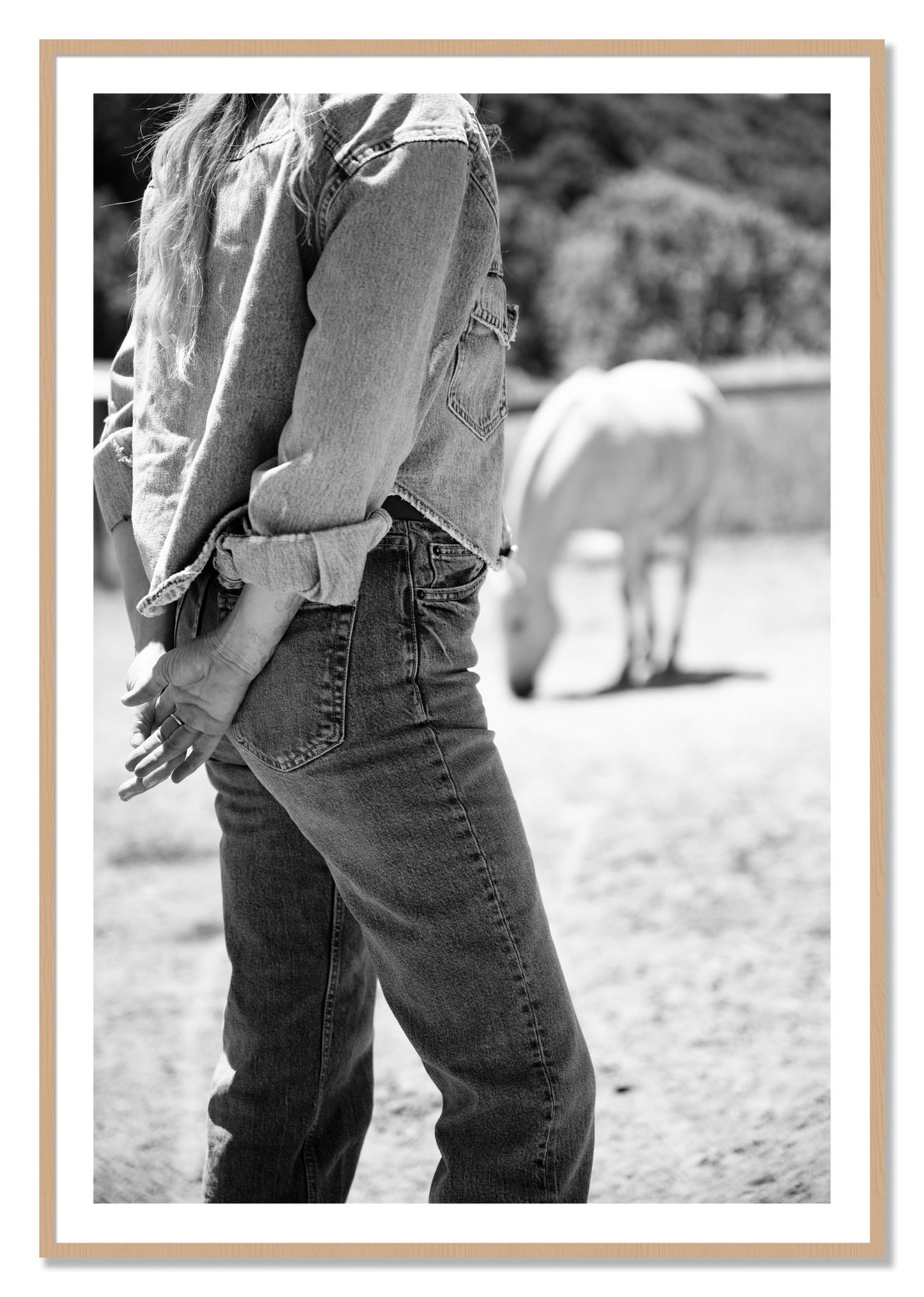Framed photograph of Cowgirl by Dylan Ozanich, Oak frame, Borders