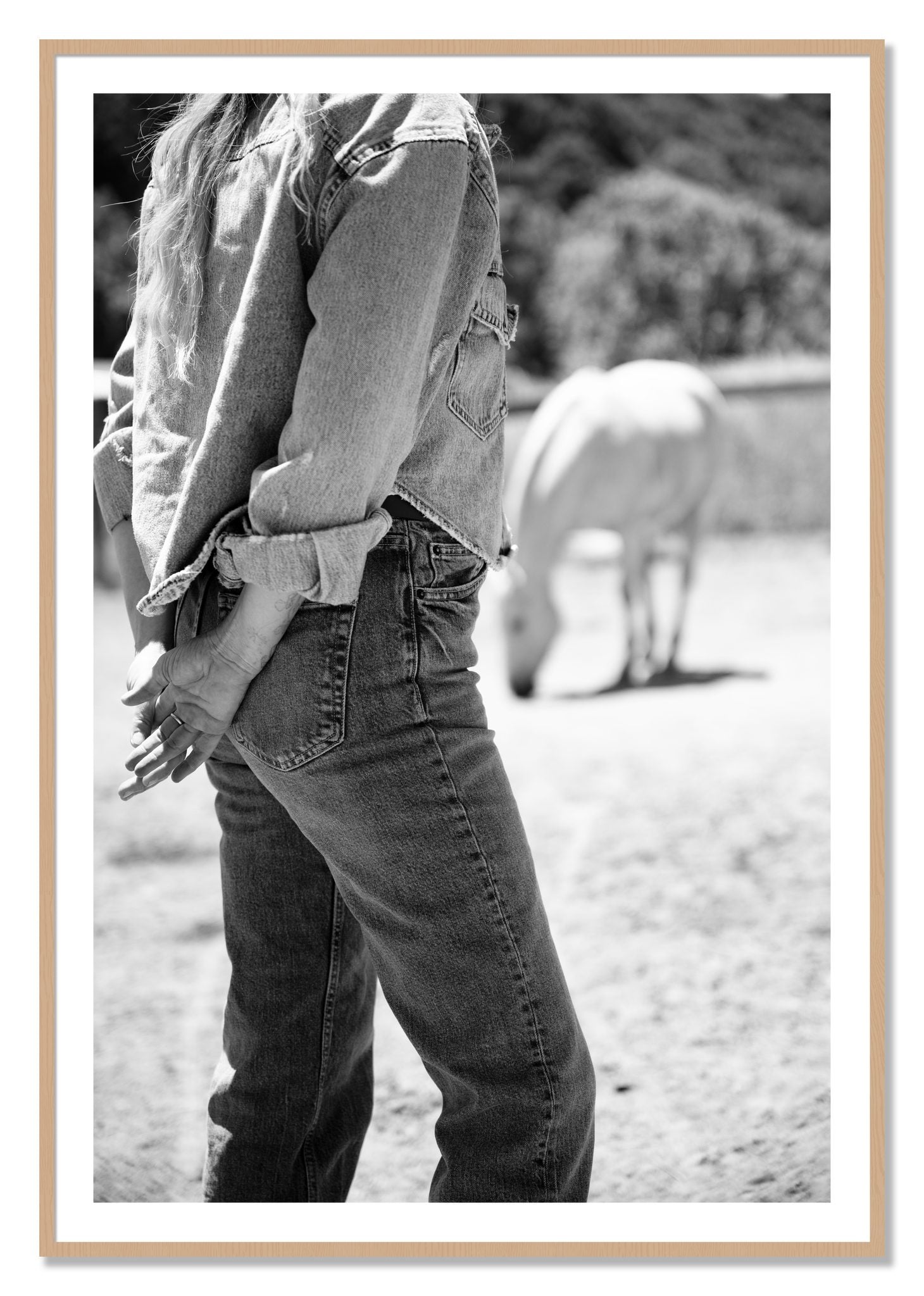 Framed photograph of Cowgirl by Dylan Ozanich, Oak frame, Borders