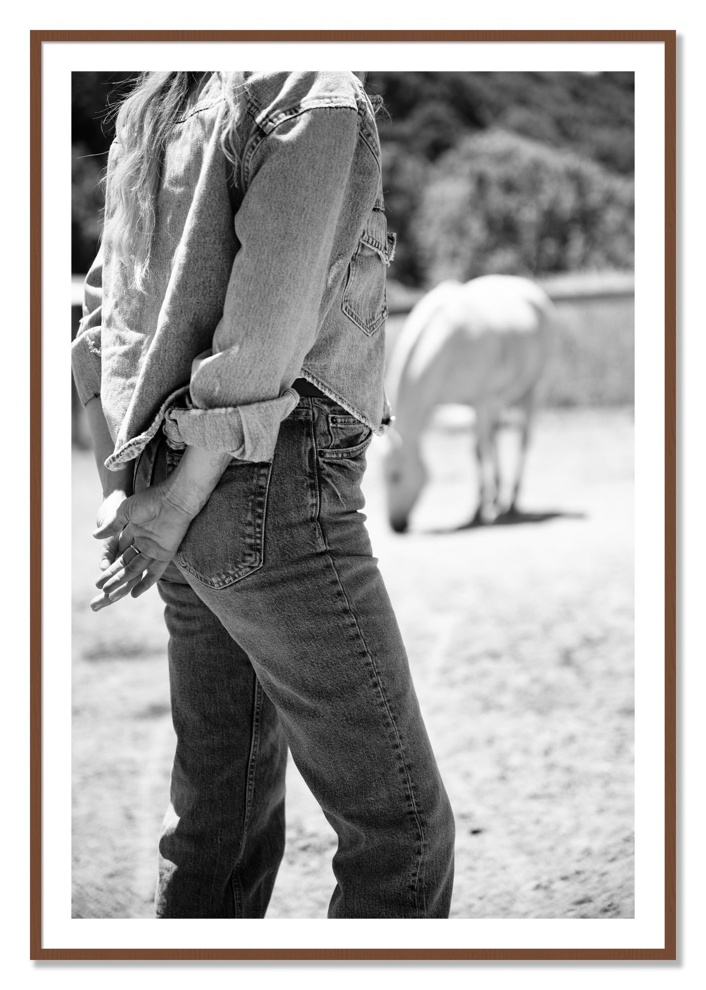 Framed photograph of Cowgirl by Dylan Ozanich, Walnut frame, Borders
