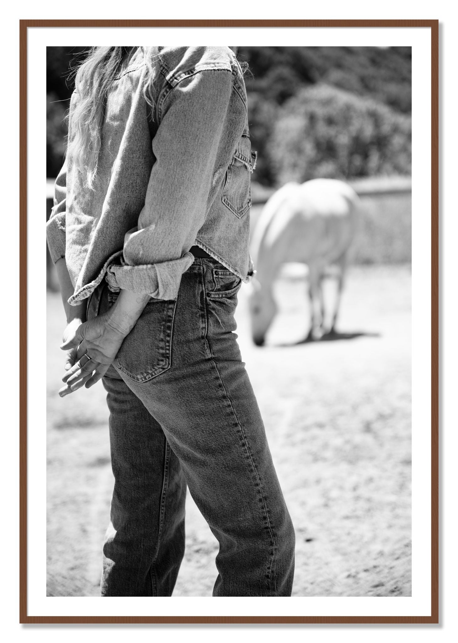 Framed photograph of Cowgirl by Dylan Ozanich, Walnut frame, Borders