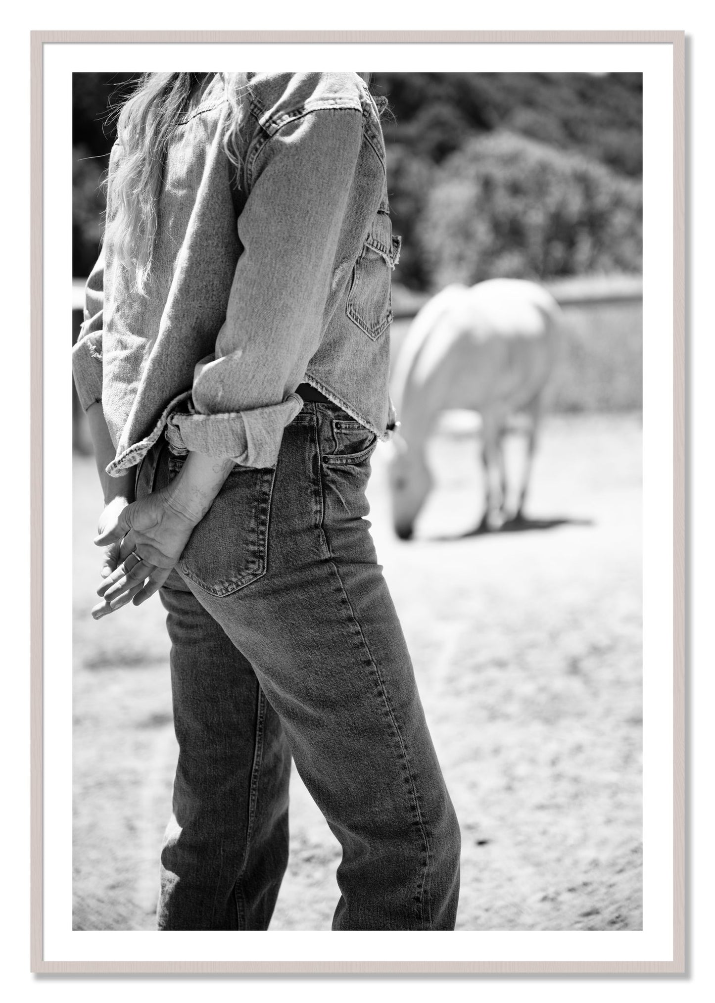 Framed photograph of Cowgirl by Dylan Ozanich, White Maple frame, Borders