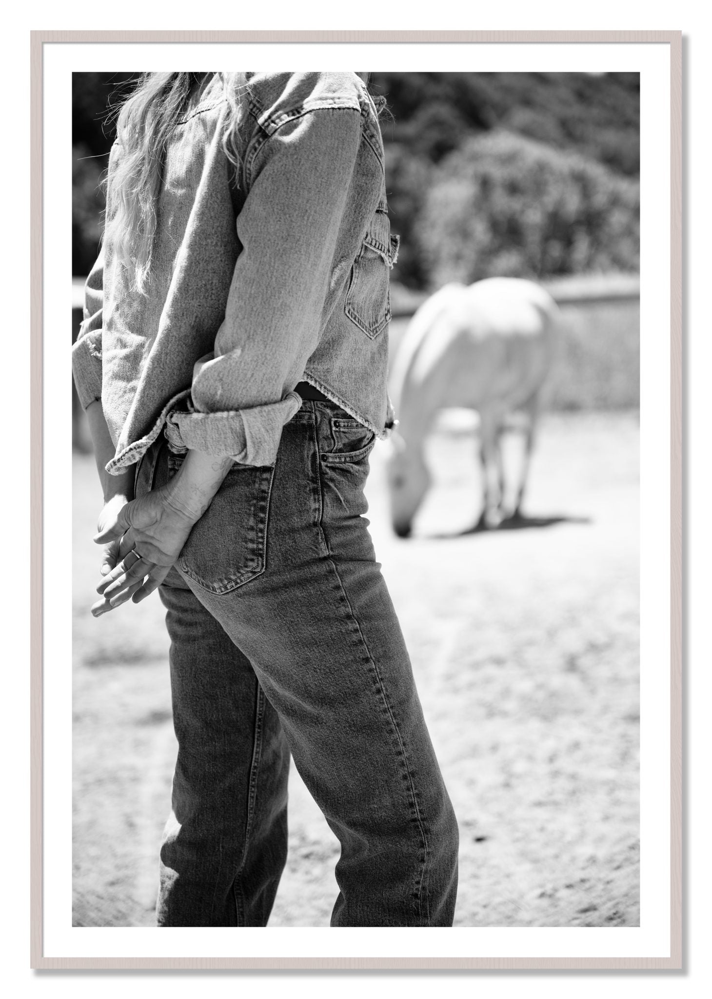 Framed photograph of Cowgirl by Dylan Ozanich, White Maple frame, Borders