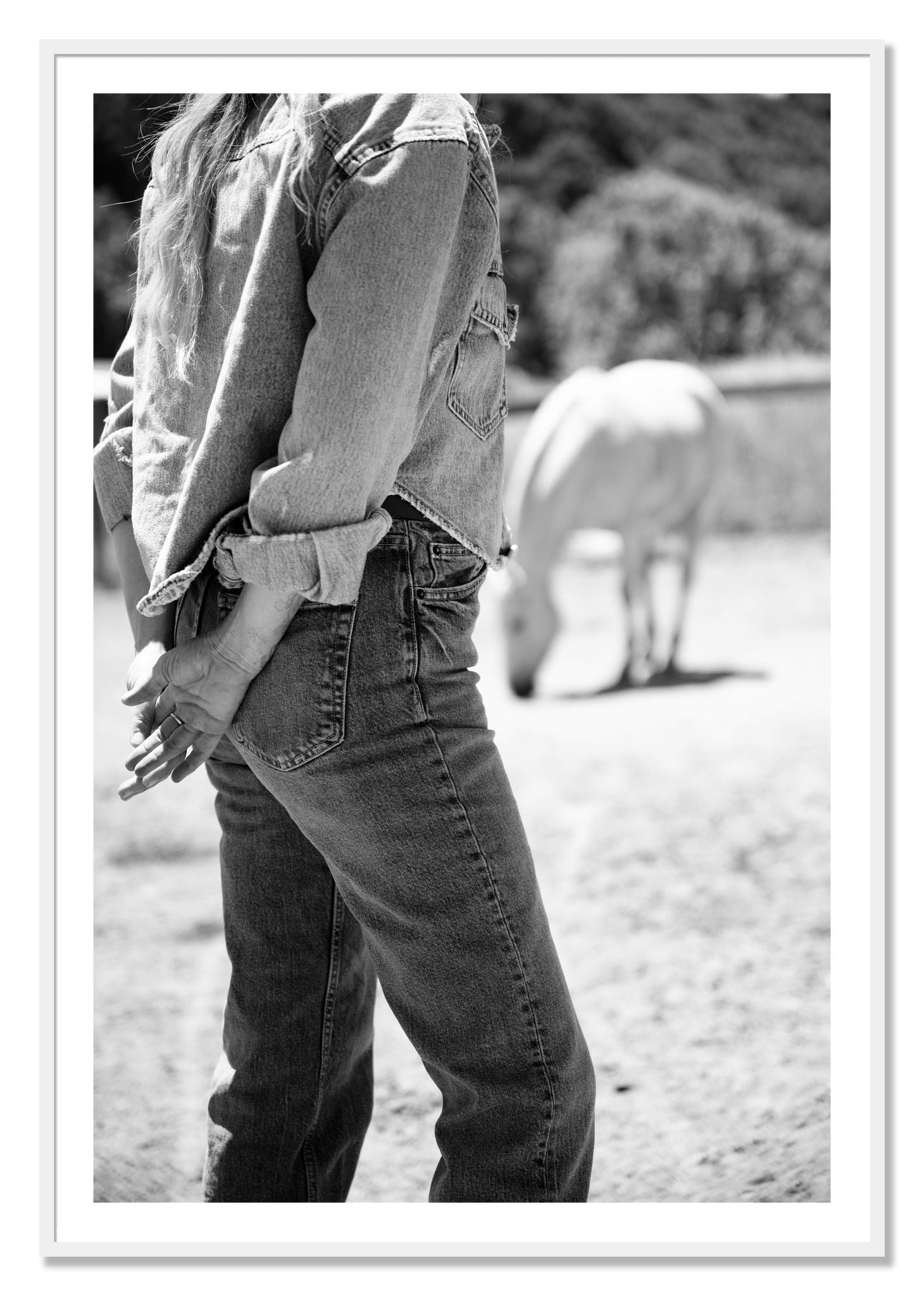 Framed photograph of Cowgirl by Dylan Ozanich, White frame, Borders