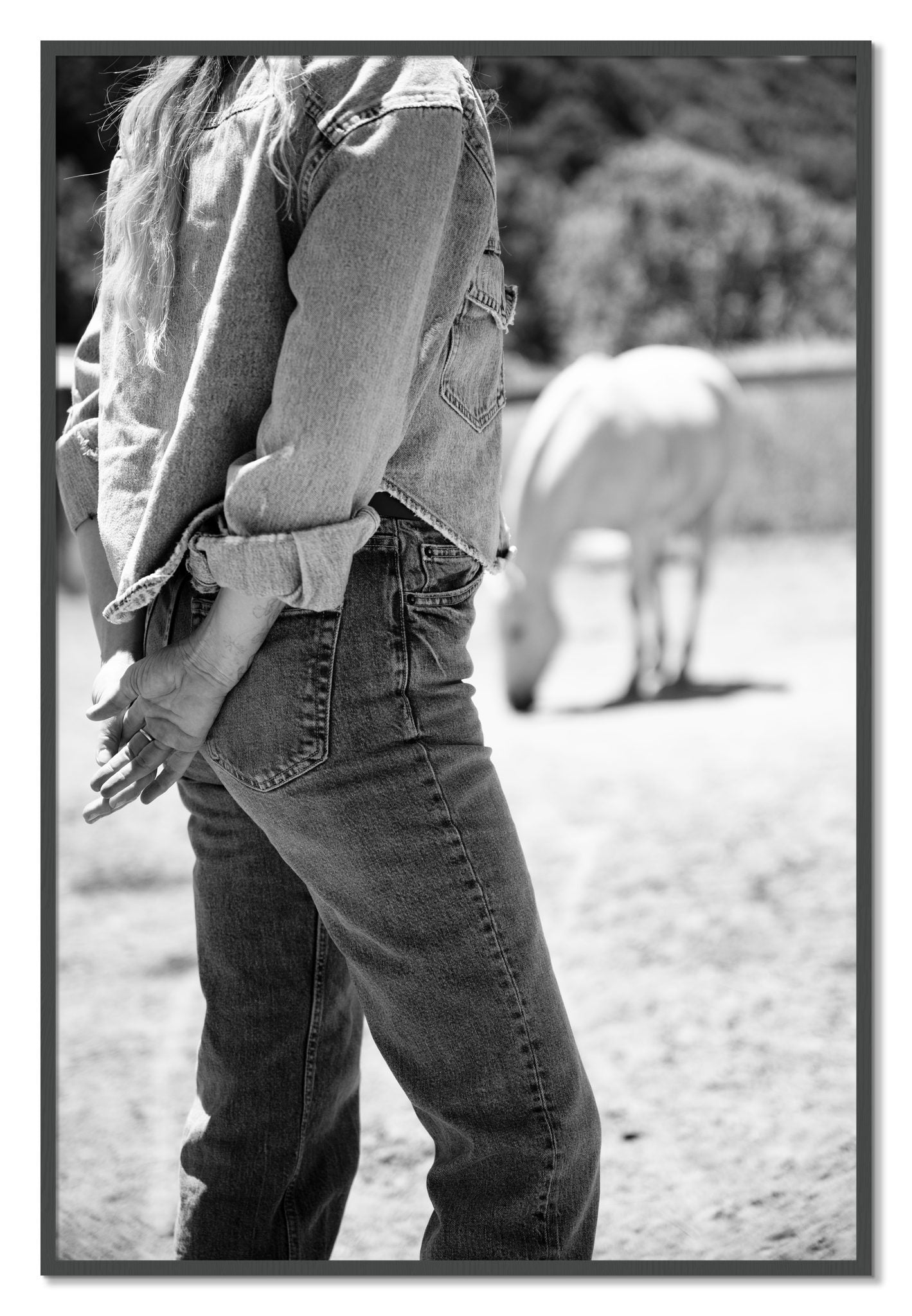 Framed photograph of Cowgirl by Dylan Ozanich, Grey frame, Full Bleed