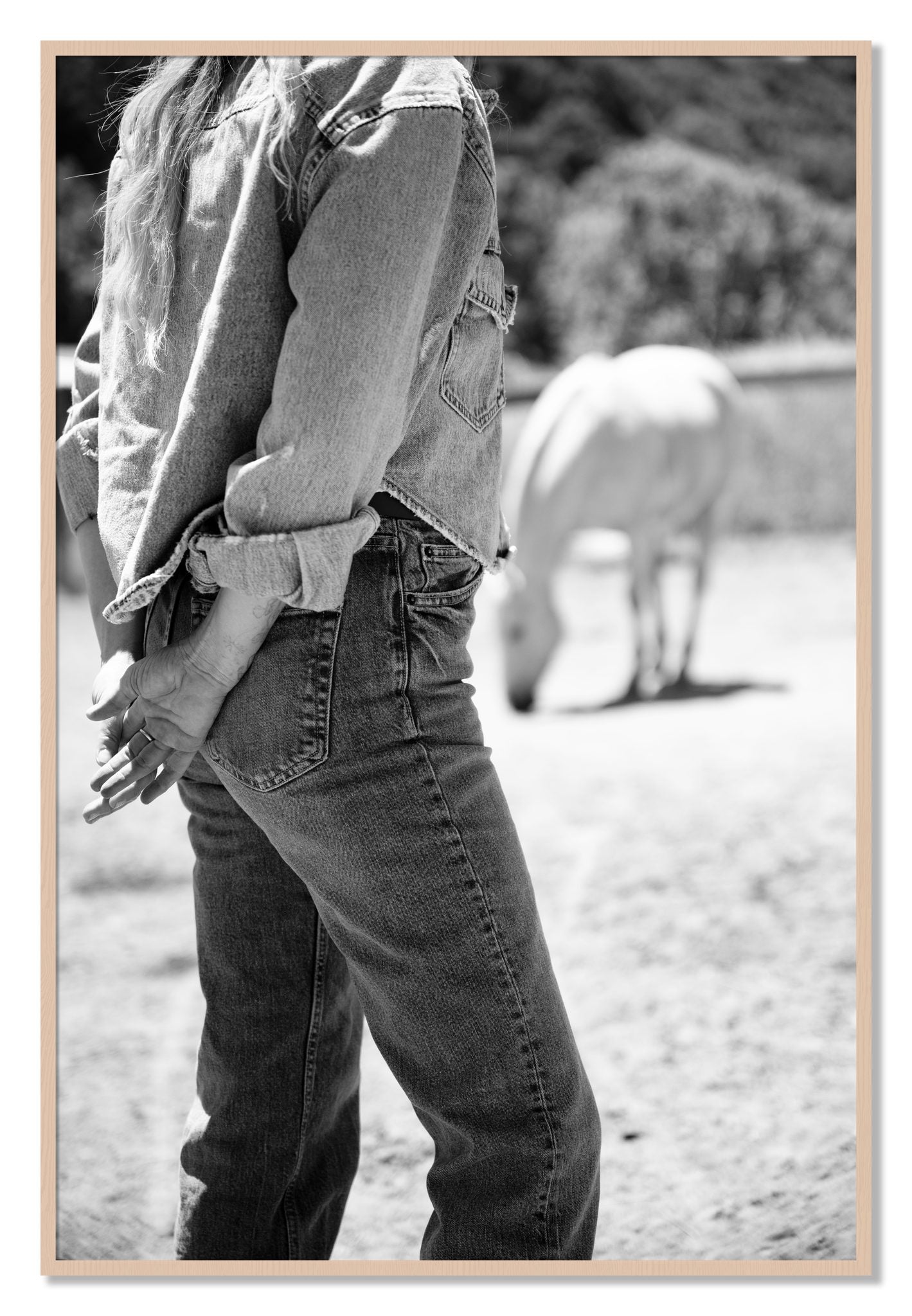 Framed photograph of Cowgirl by Dylan Ozanich, Maple frame, Full Bleed