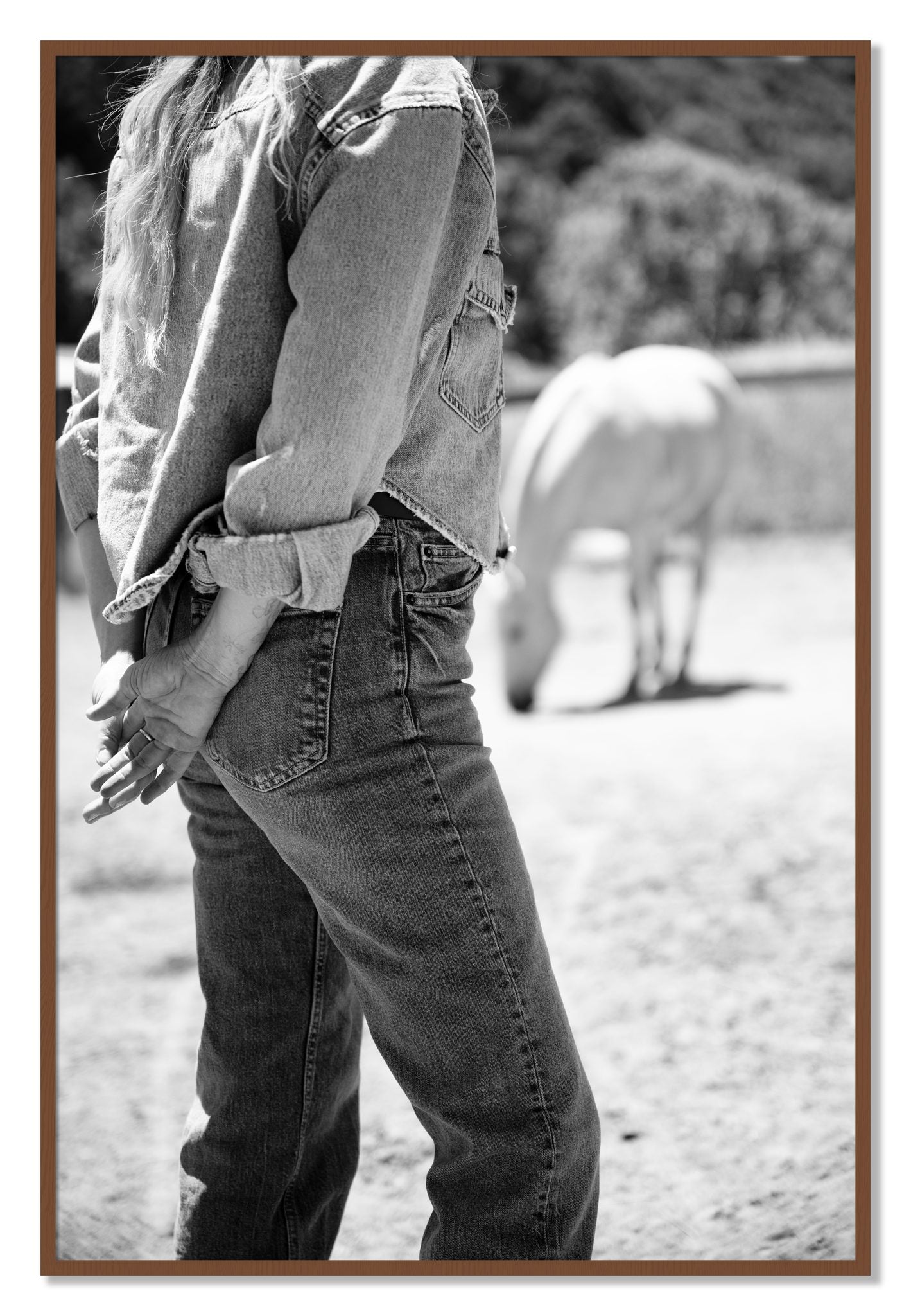 Framed photograph of Cowgirl by Dylan Ozanich, Walnut frame, Full Bleed