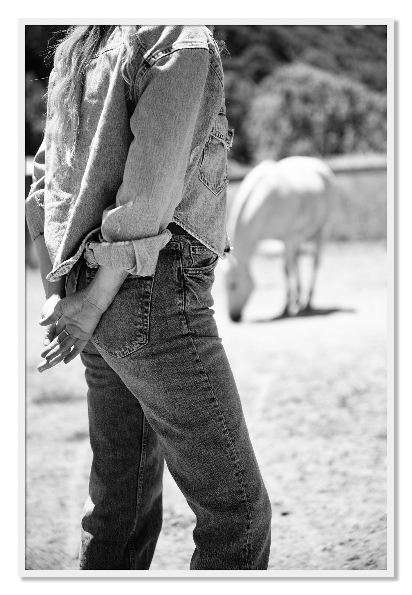 Framed photograph of Cowgirl by Dylan Ozanich, White frame, Full Bleed