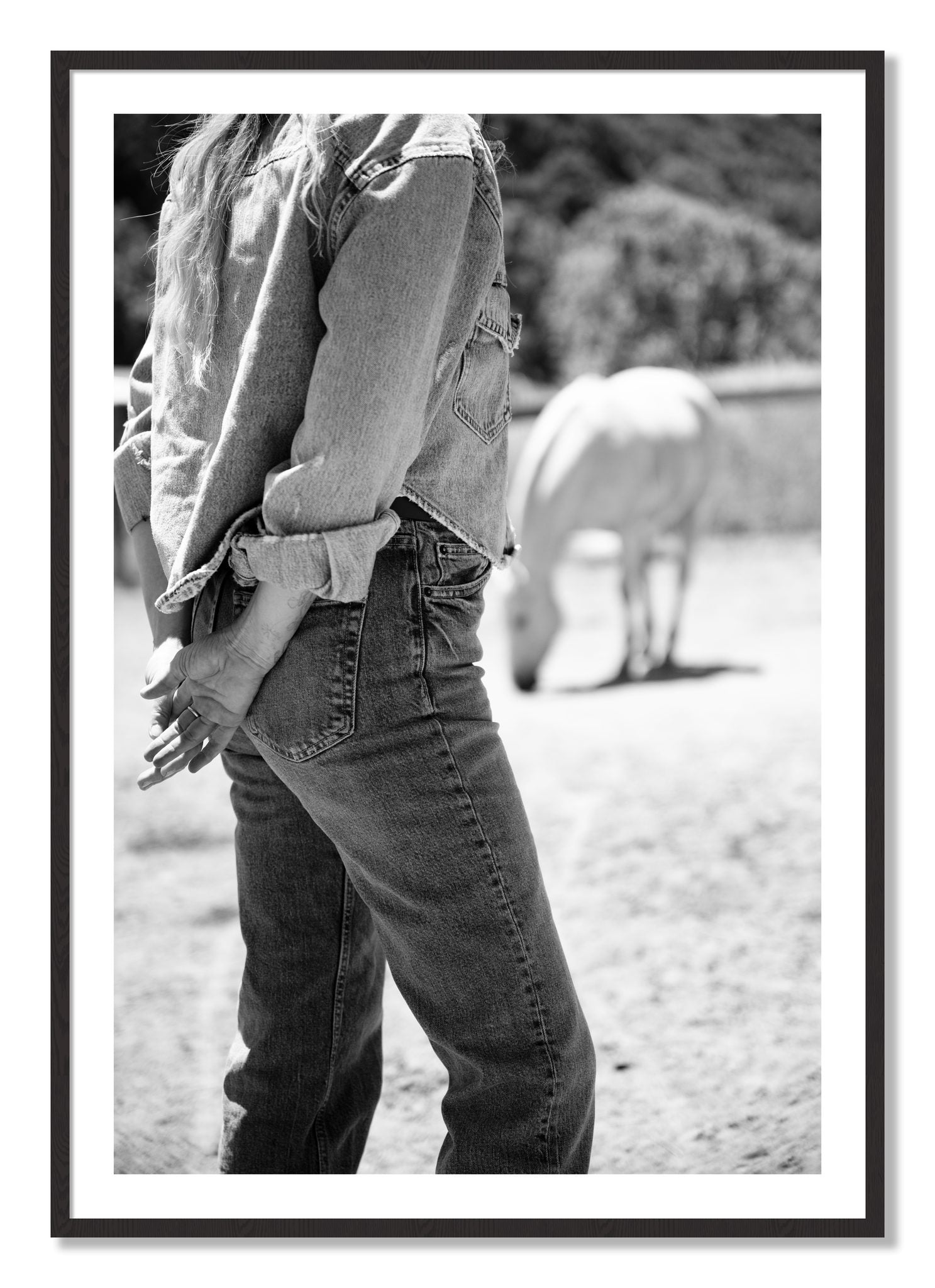 Framed photograph of Cowgirl by Dylan Ozanich, Black Walnut frame, Borders