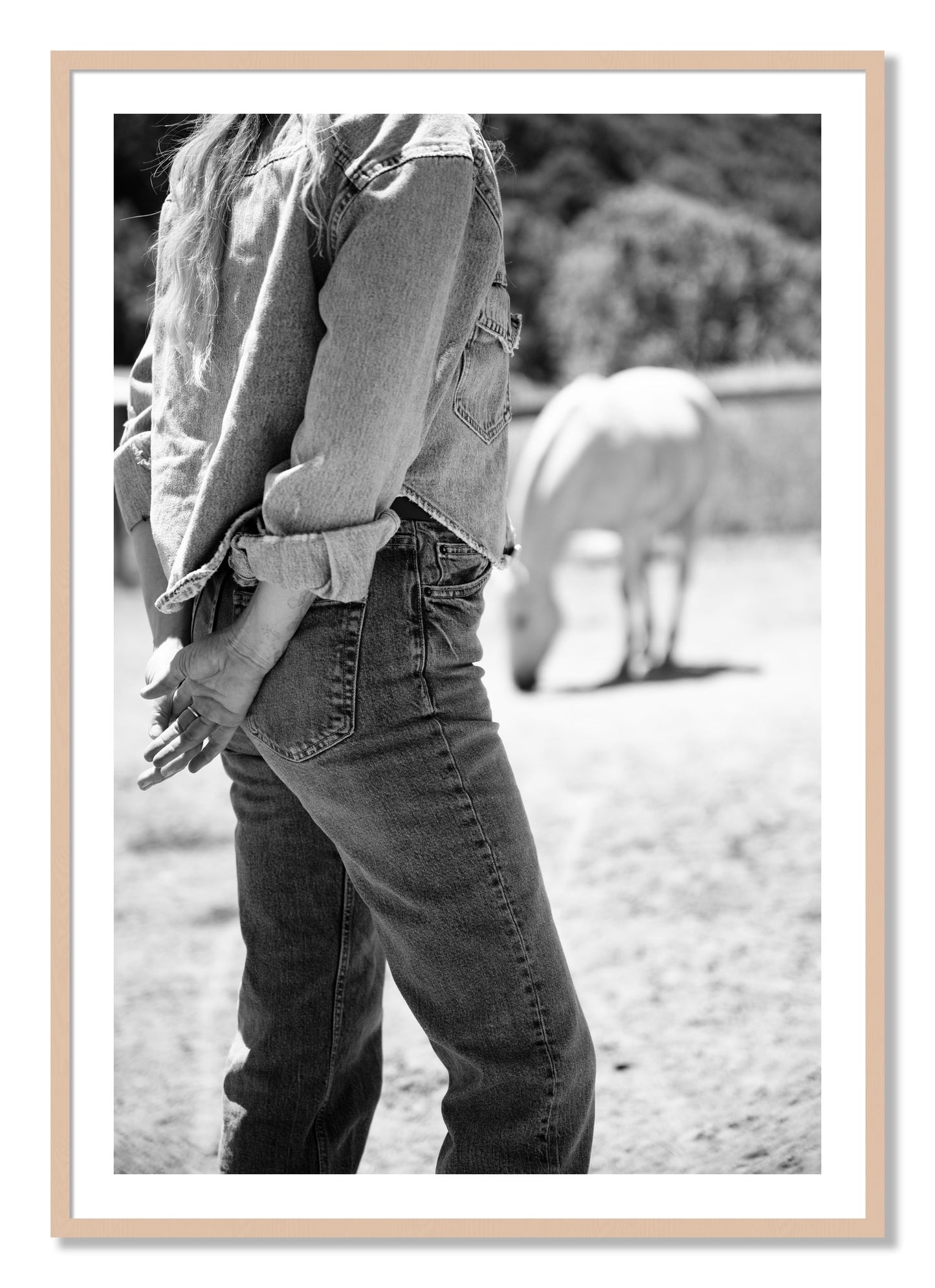 Framed photograph of Cowgirl by Dylan Ozanich, Maple frame, Borders