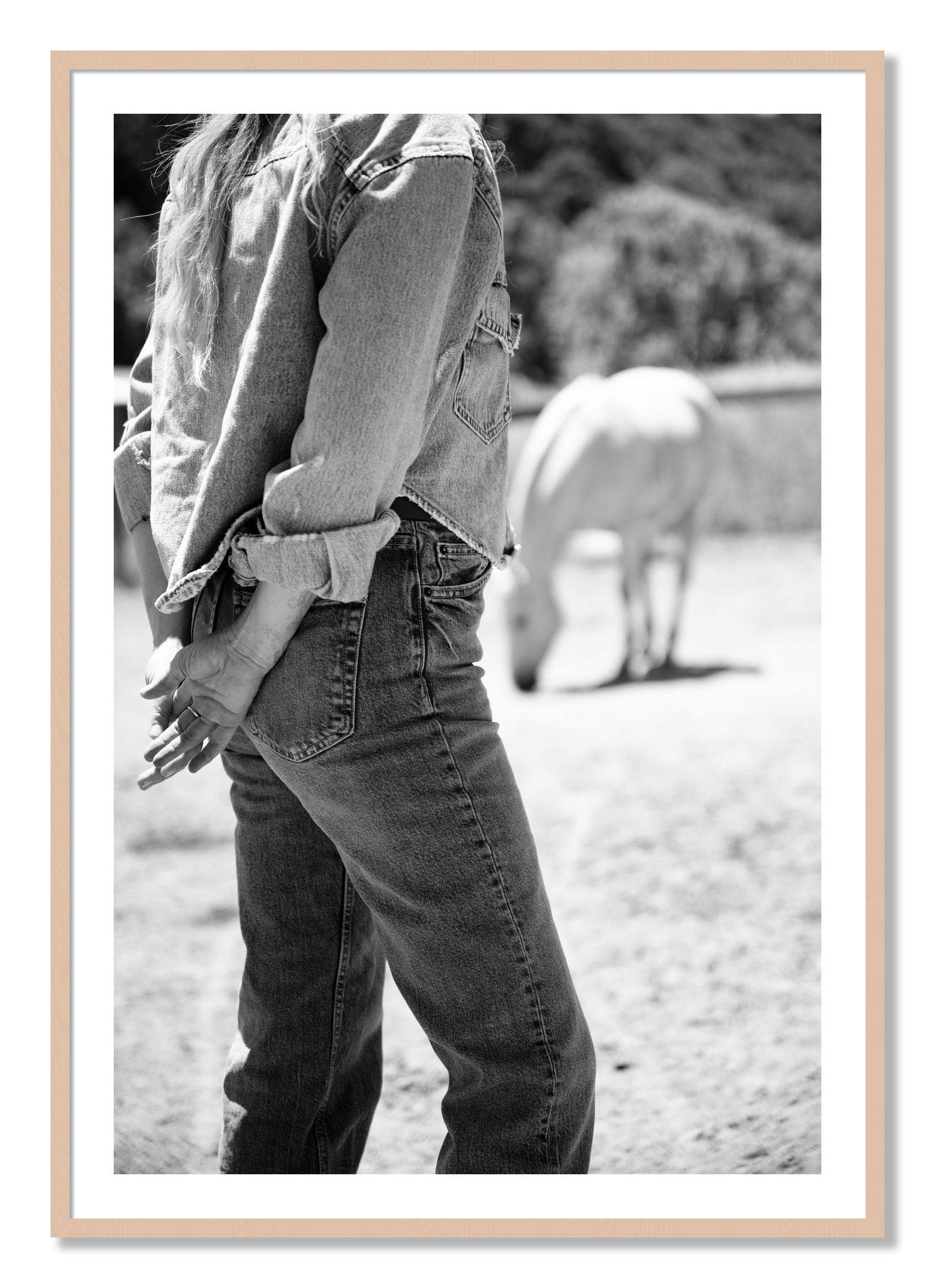 Framed photograph of Cowgirl by Dylan Ozanich, Maple frame, Borders