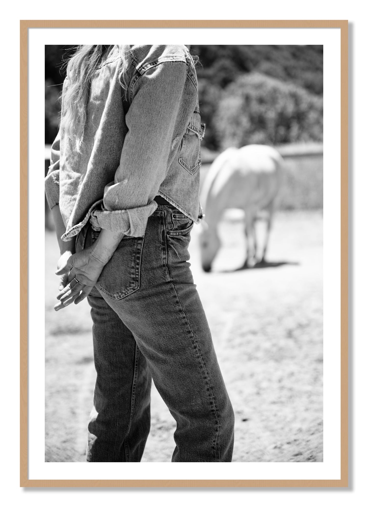 Framed photograph of Cowgirl by Dylan Ozanich, Oak frame, Borders