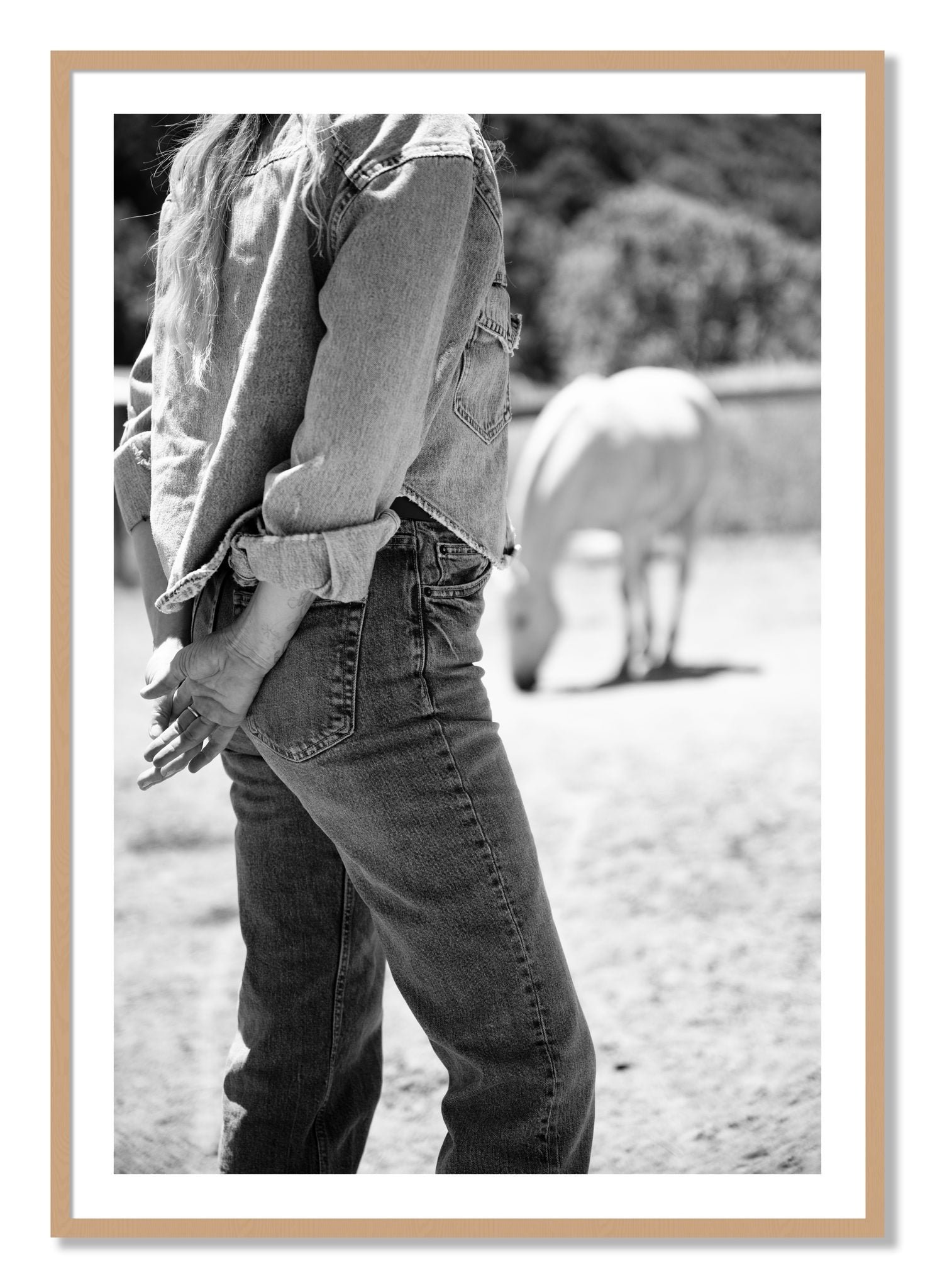 Framed photograph of Cowgirl by Dylan Ozanich, Oak frame, Borders