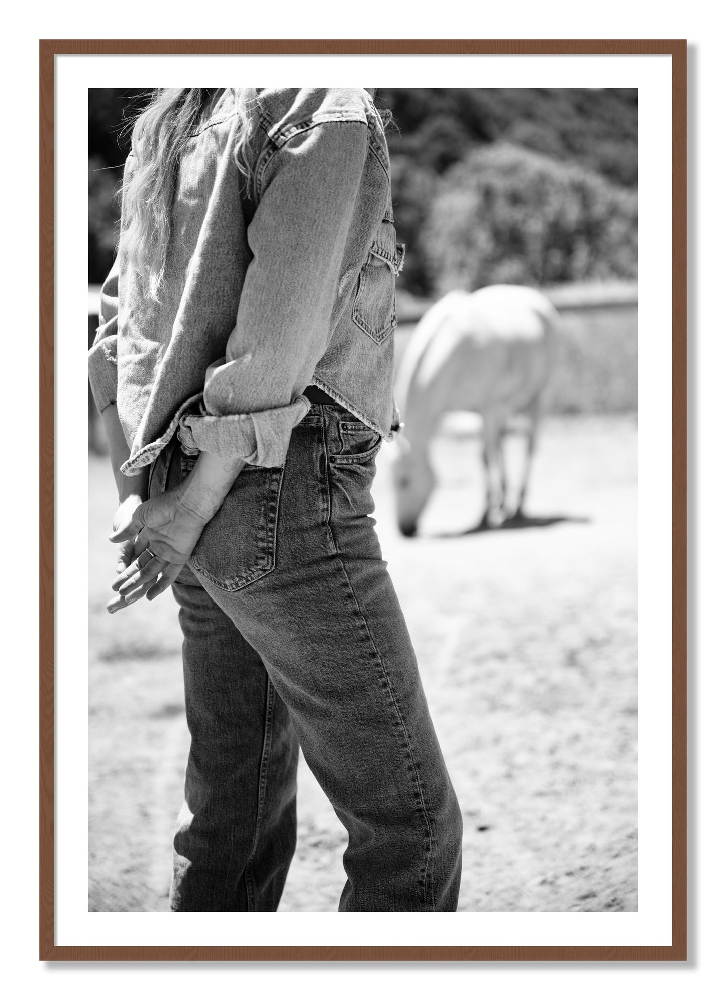 Framed photograph of Cowgirl by Dylan Ozanich, Walnut frame, Borders