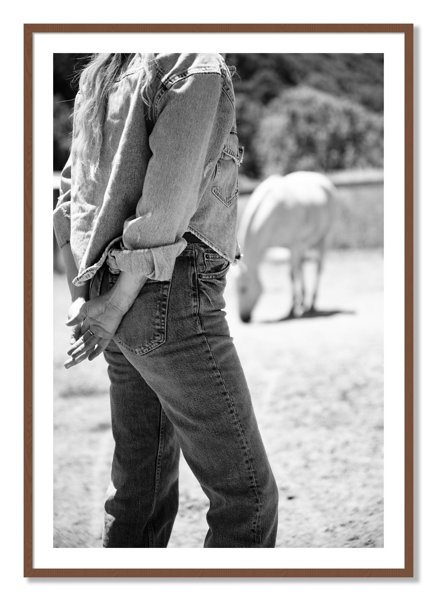 Framed photograph of Cowgirl by Dylan Ozanich, Walnut frame, Borders