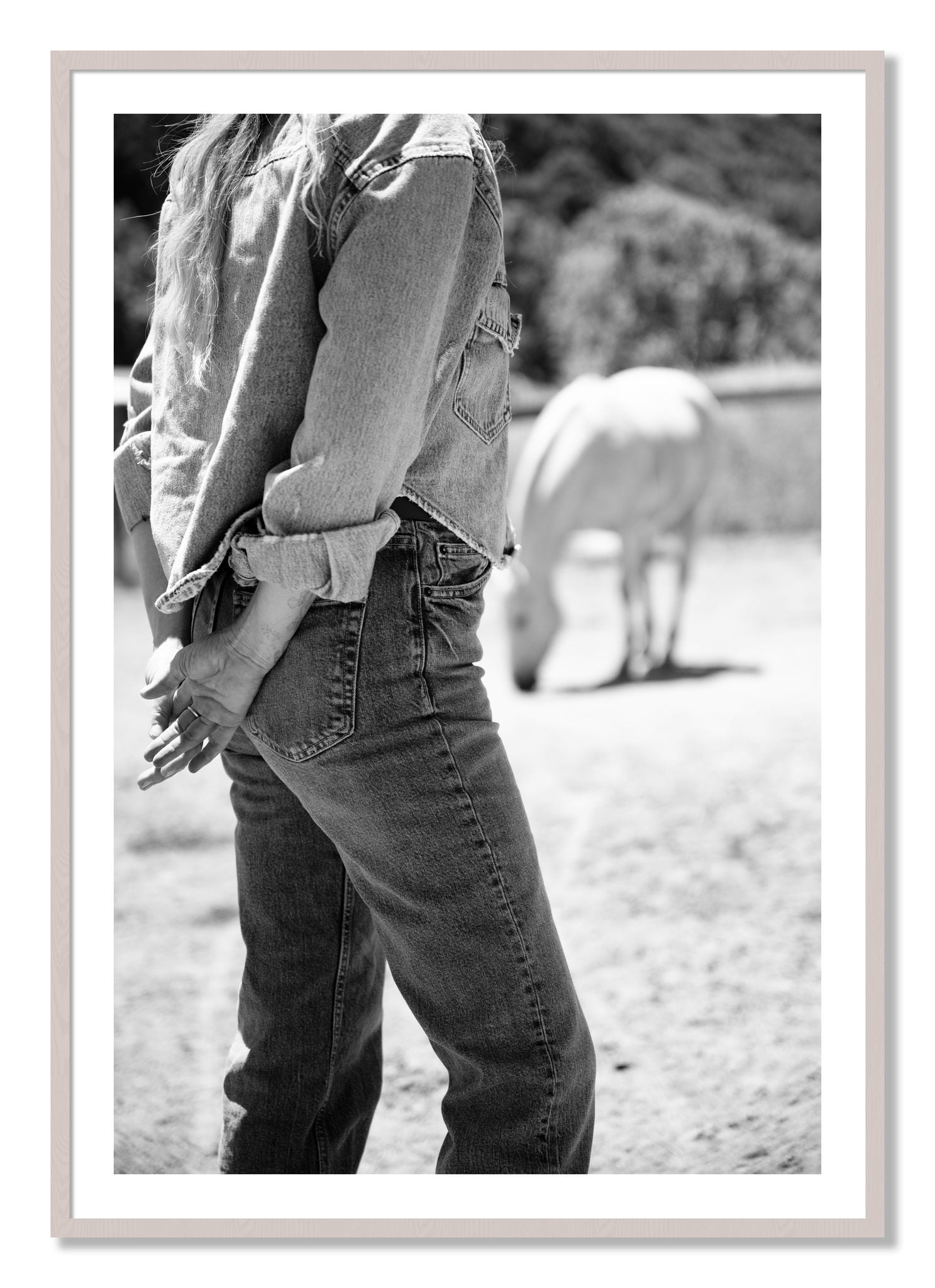Framed photograph of Cowgirl by Dylan Ozanich, White Maple frame, Borders