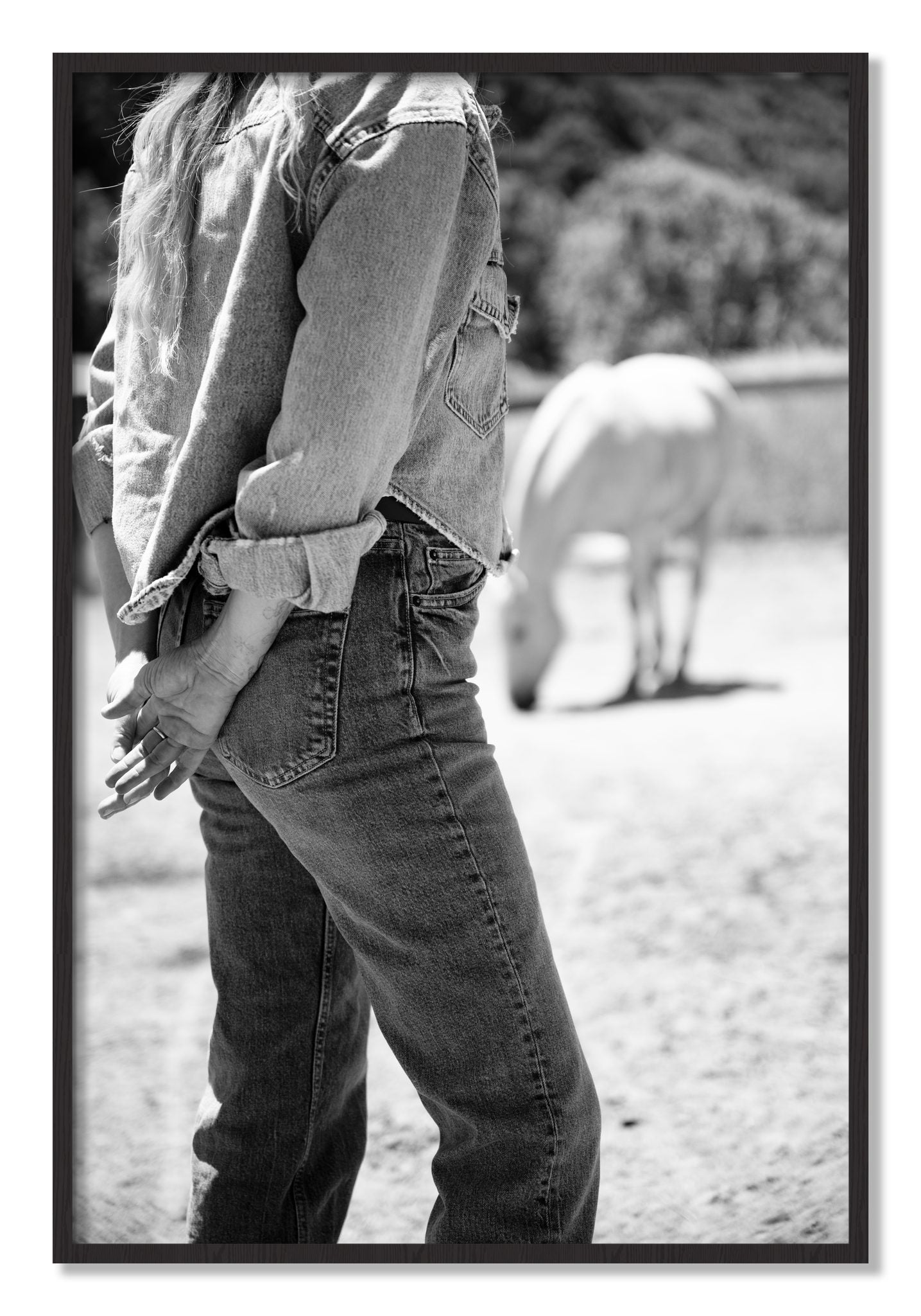 Framed photograph of Cowgirl by Dylan Ozanich, Black Walnut frame, Full Bleed