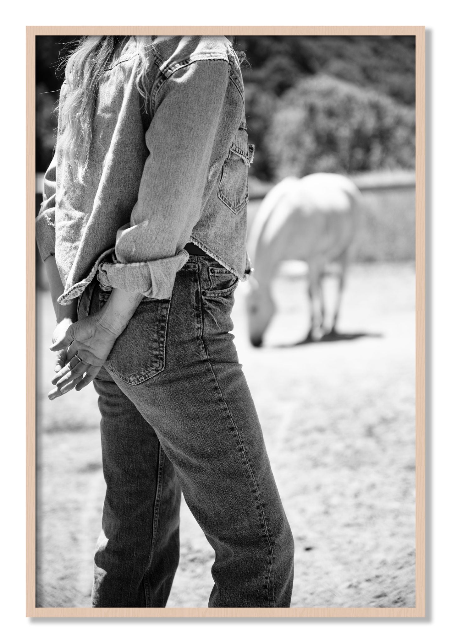 Framed photograph of Cowgirl by Dylan Ozanich, Maple frame, Full Bleed