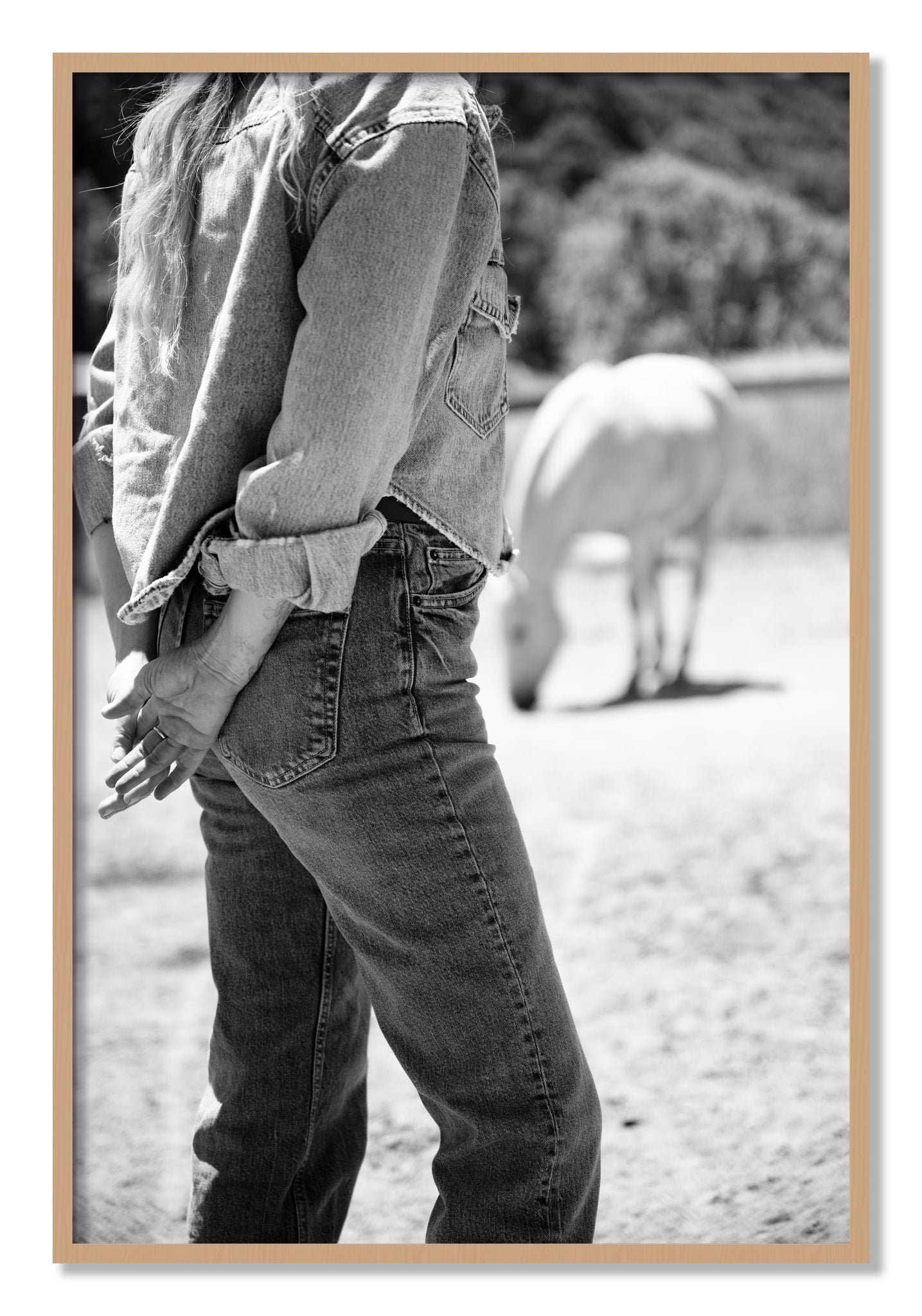Framed photograph of Cowgirl by Dylan Ozanich, Oak frame, Full Bleed