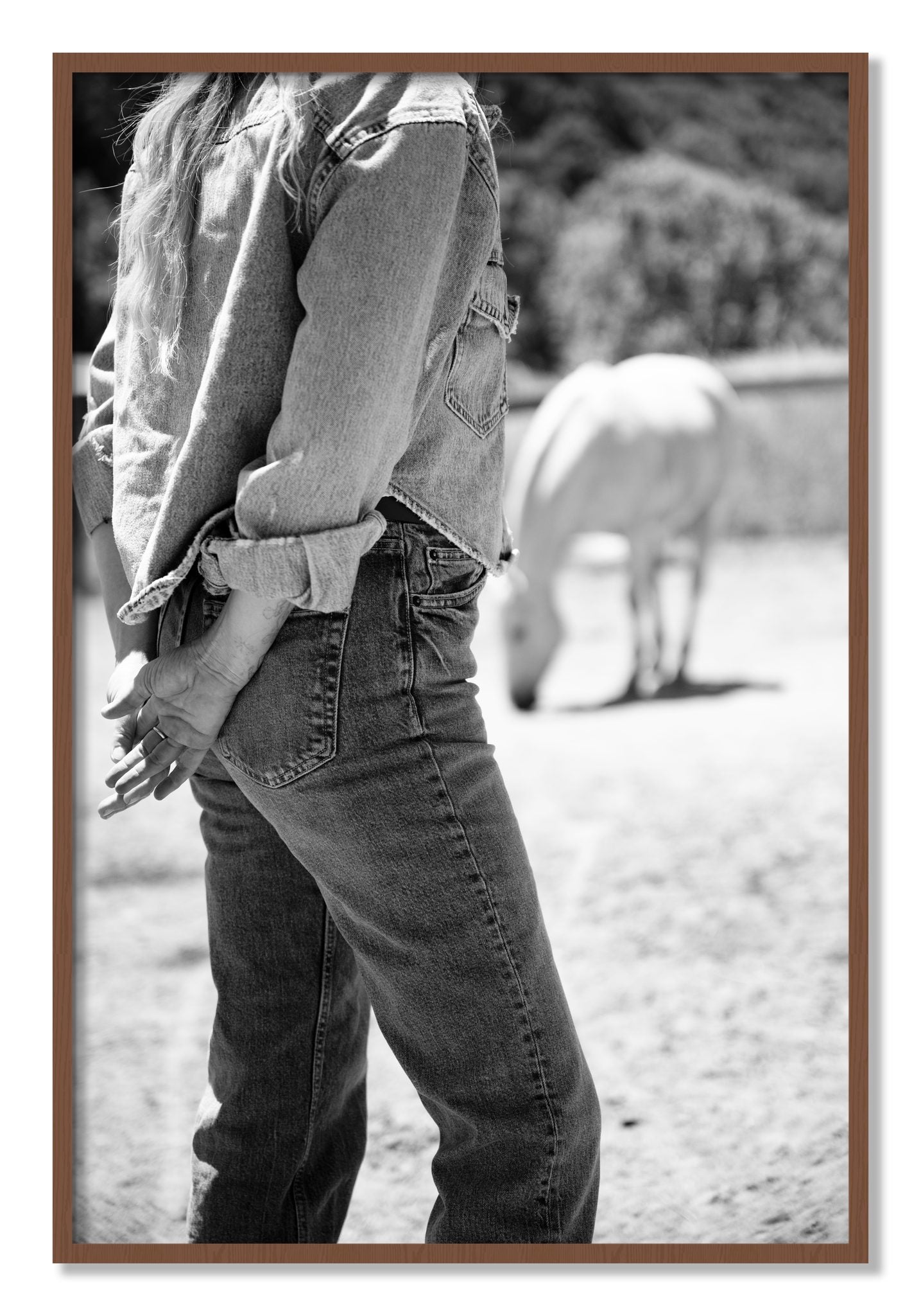 Framed photograph of Cowgirl by Dylan Ozanich, Walnut frame, Full Bleed