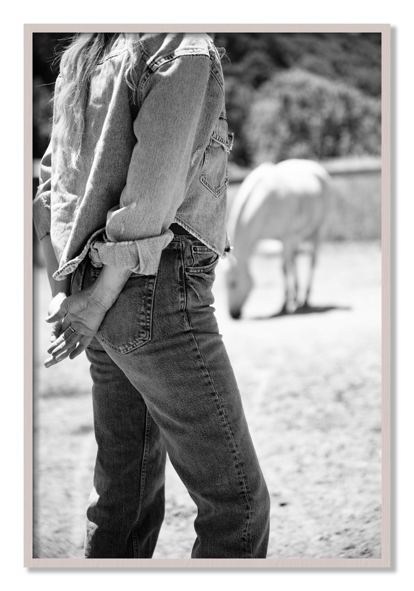 Framed photograph of Cowgirl by Dylan Ozanich, White Maple frame, Full Bleed