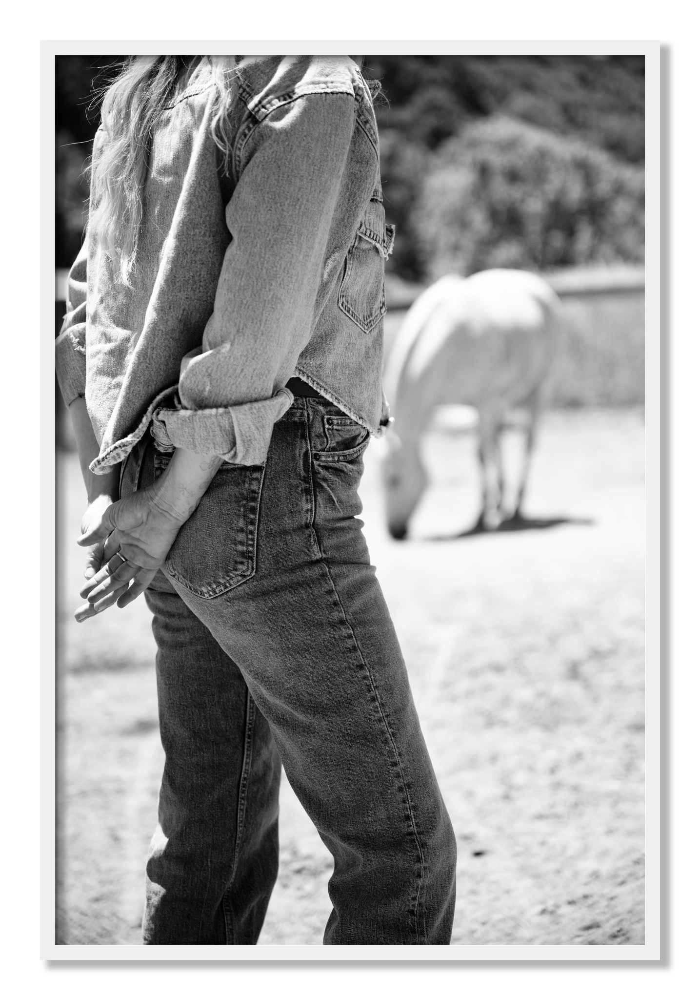 Framed photograph of Cowgirl by Dylan Ozanich, White frame, Full Bleed