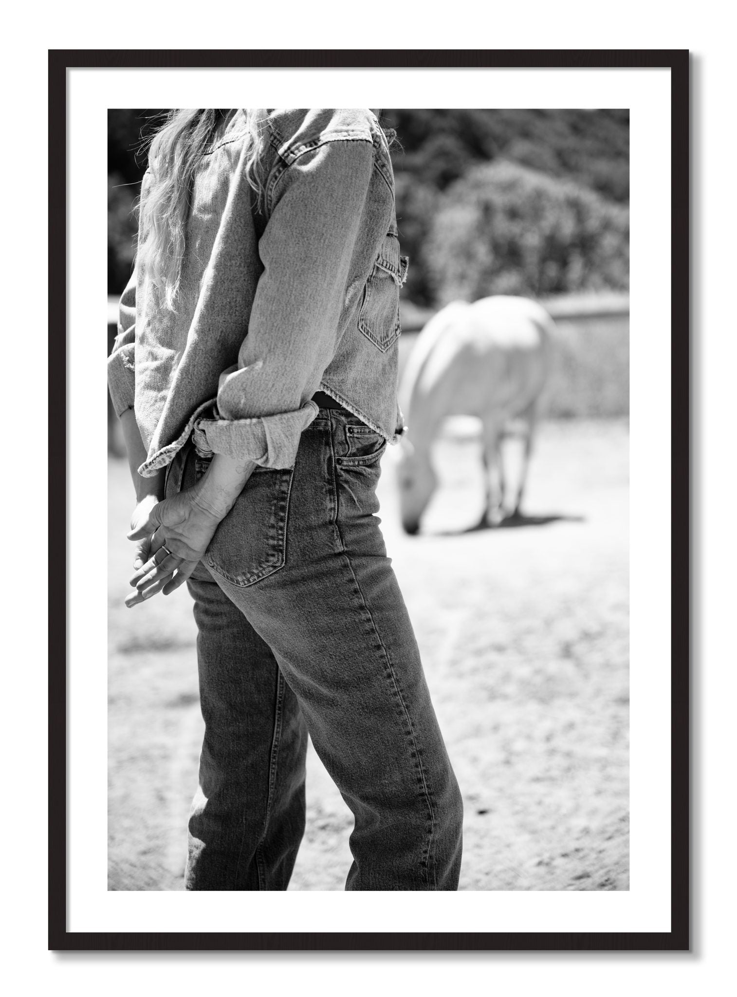 Framed photograph of Cowgirl by Dylan Ozanich, Black Walnut frame, Borders
