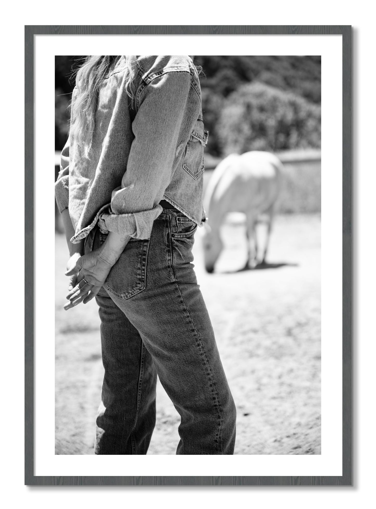Framed photograph of Cowgirl by Dylan Ozanich, Grey frame, Borders